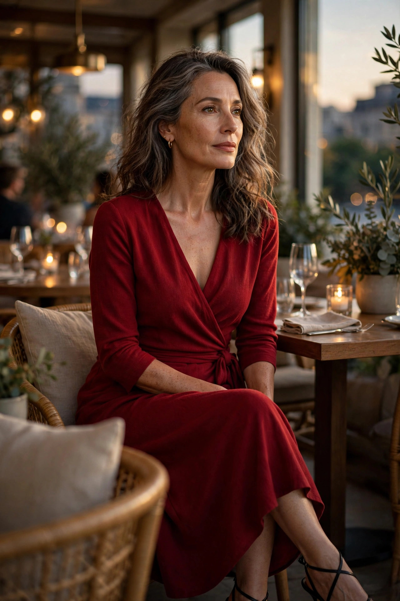 Woman over 50 in a red wrap midi dress with black heels at a romantic restaurant