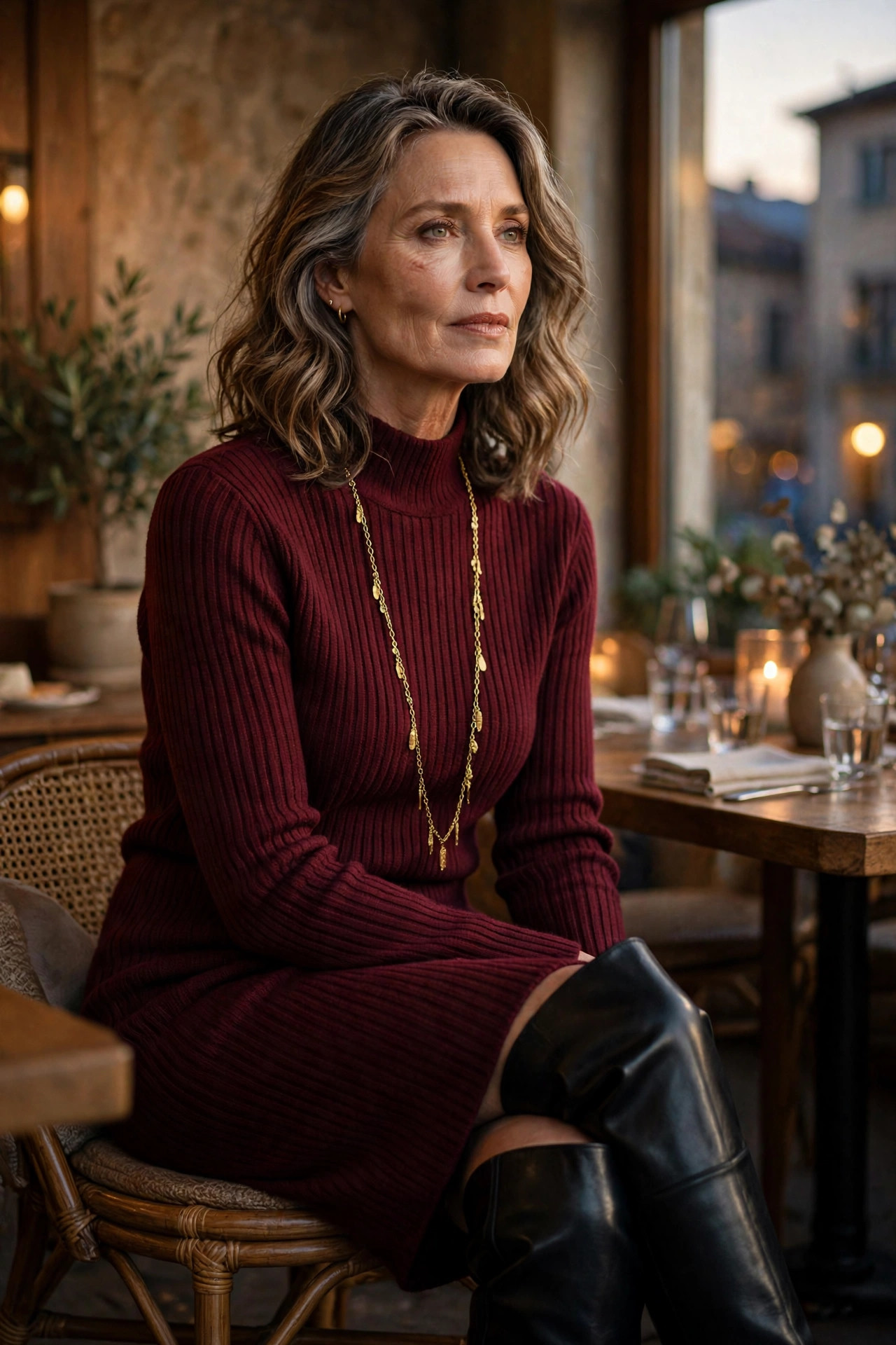 Woman over 50 in a burgundy sweater dress with knee-high boots at an Italian restaurant