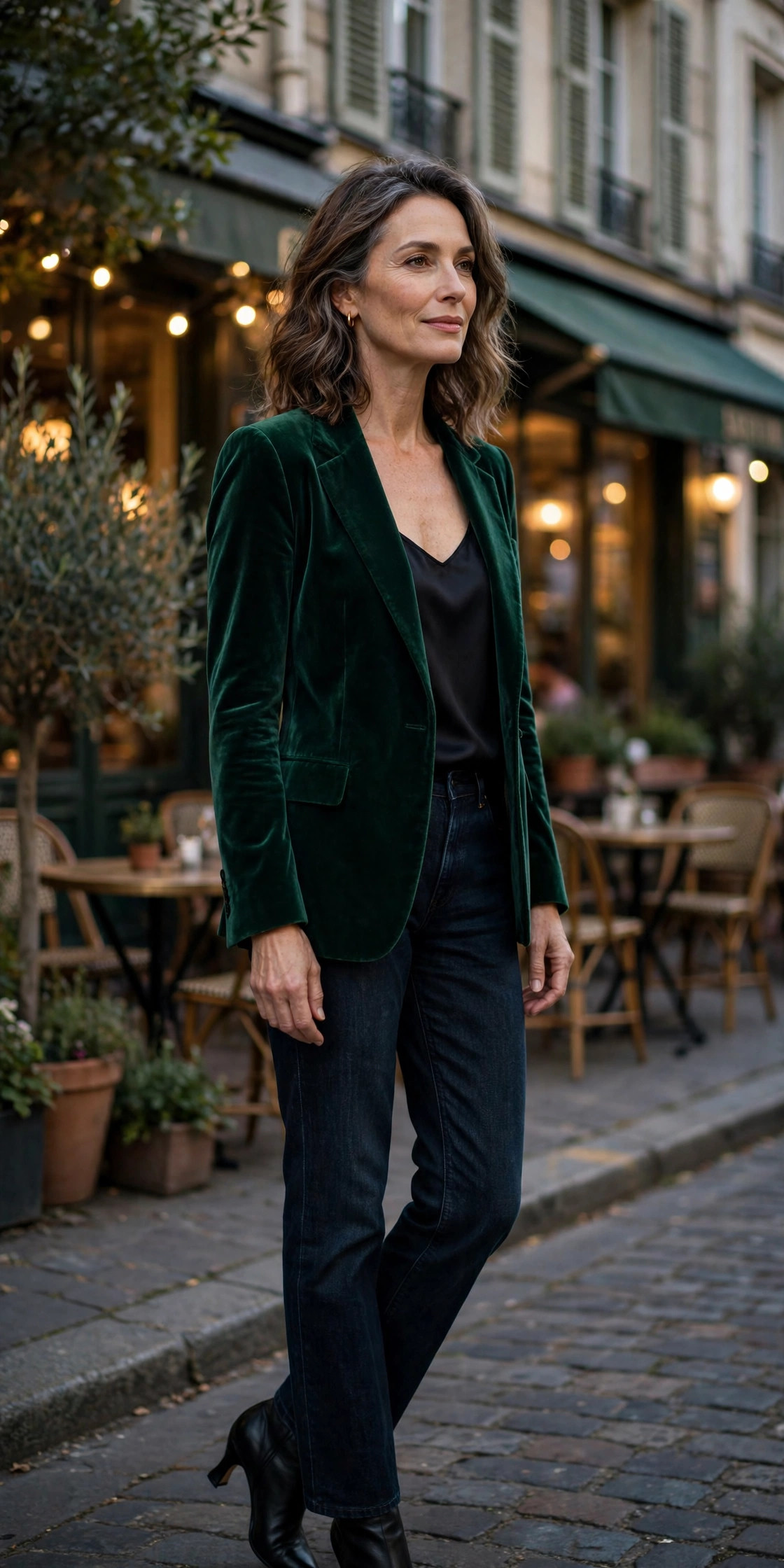 Woman over 50 in dark jeans with an emerald velvet blazer at a neighborhood bistro