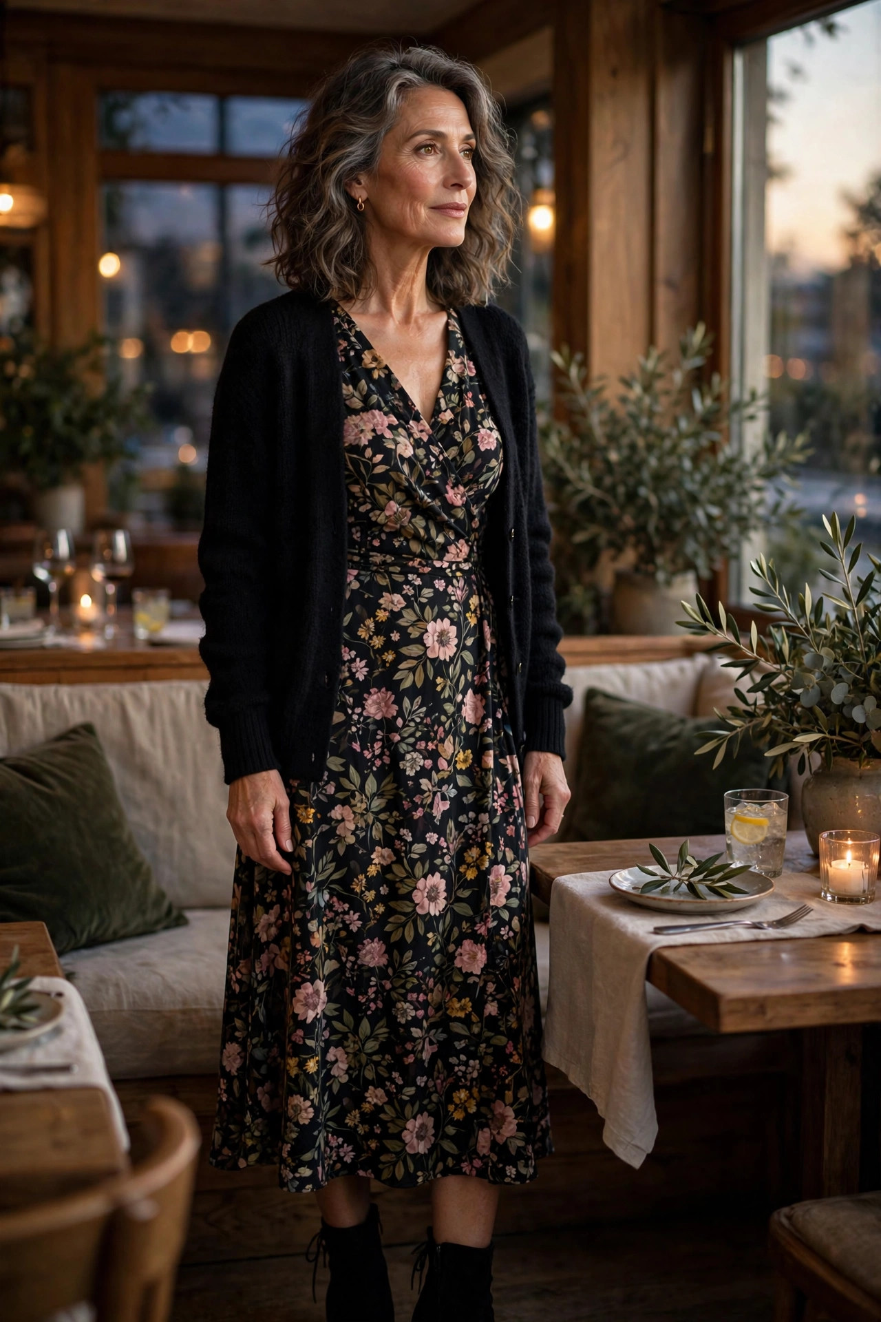 Woman over 50 in a dark floral midi dress with black cardigan at a cozy restaurant