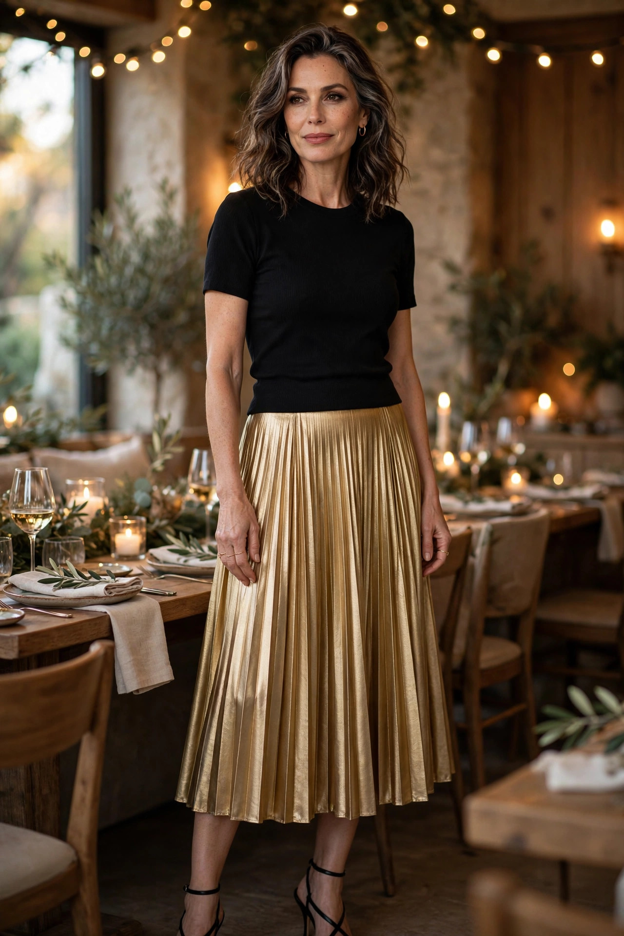 Woman over 50 in a gold pleated midi skirt with black top at a celebration dinner