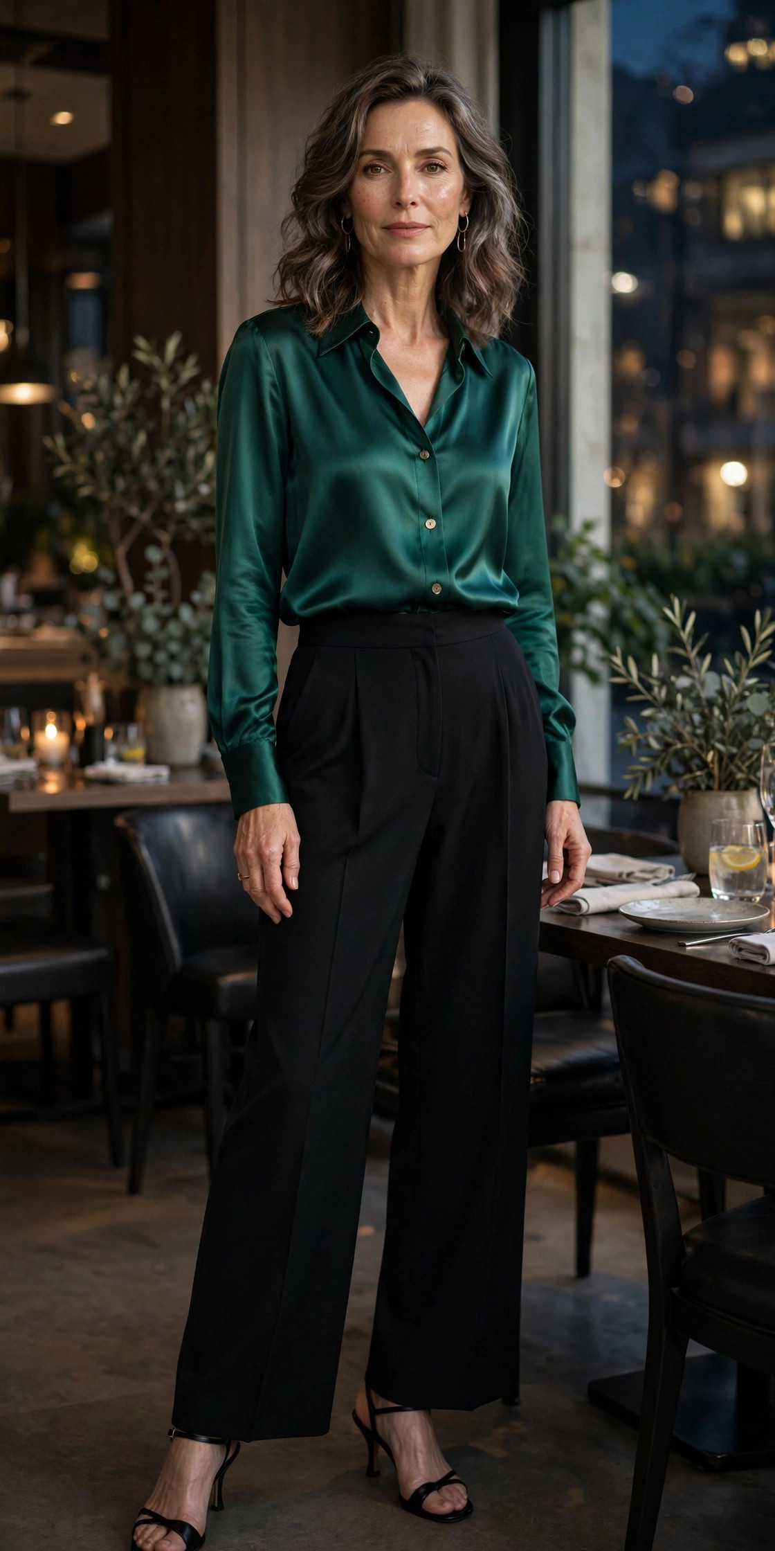 Woman over 50 in an emerald satin blouse with black wide-leg trousers at night