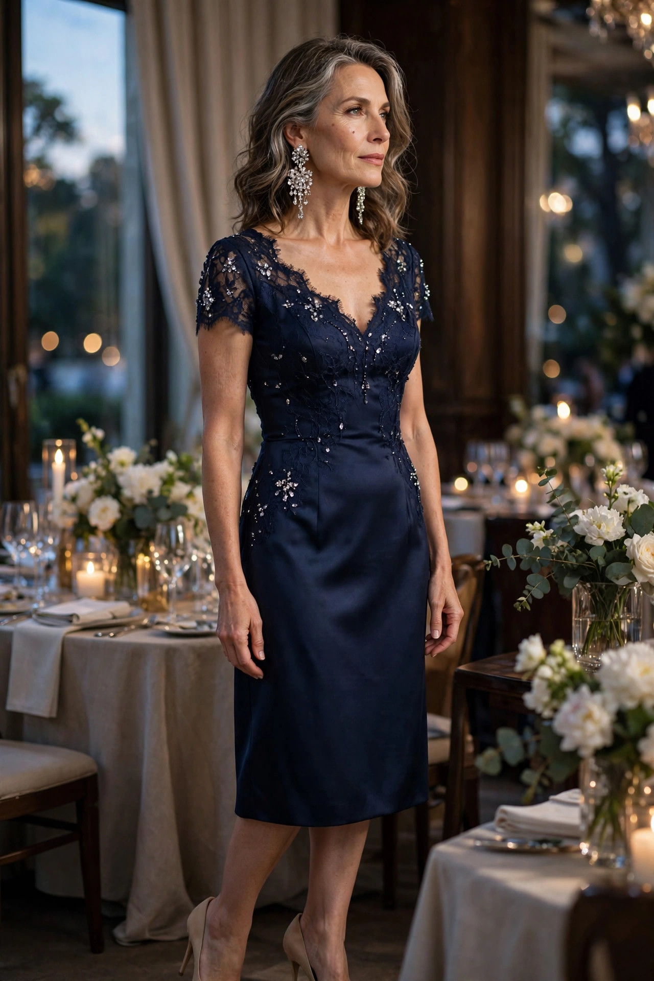 Woman over 50 in a navy cocktail dress with crystal earrings at a gala dinner