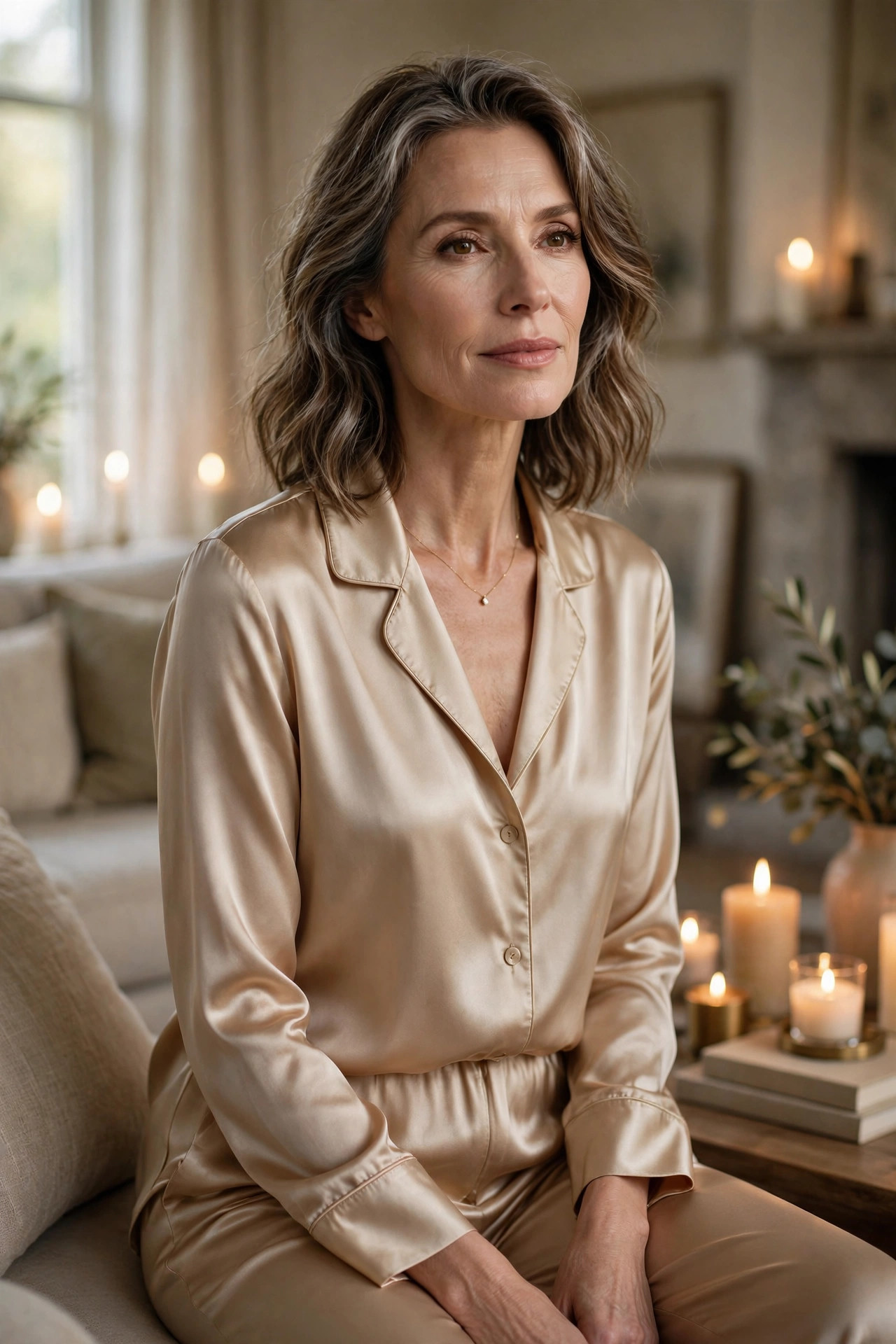 Woman over 50 in a champagne silk pajama-style set in a candlelit living room