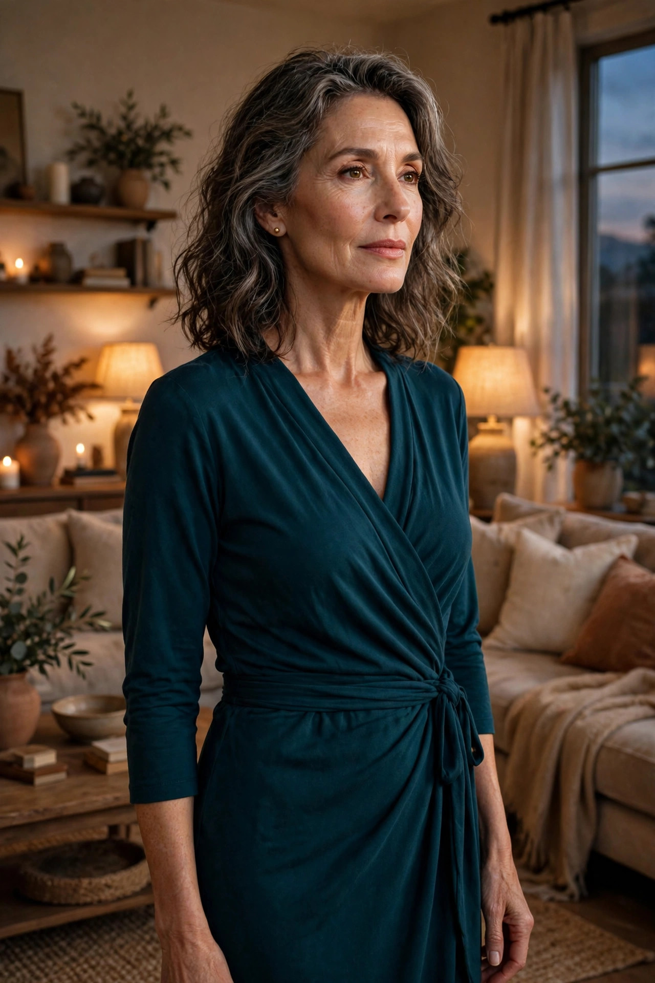 Woman over 50 in a deep teal jersey wrap dress in a warm living room at evening