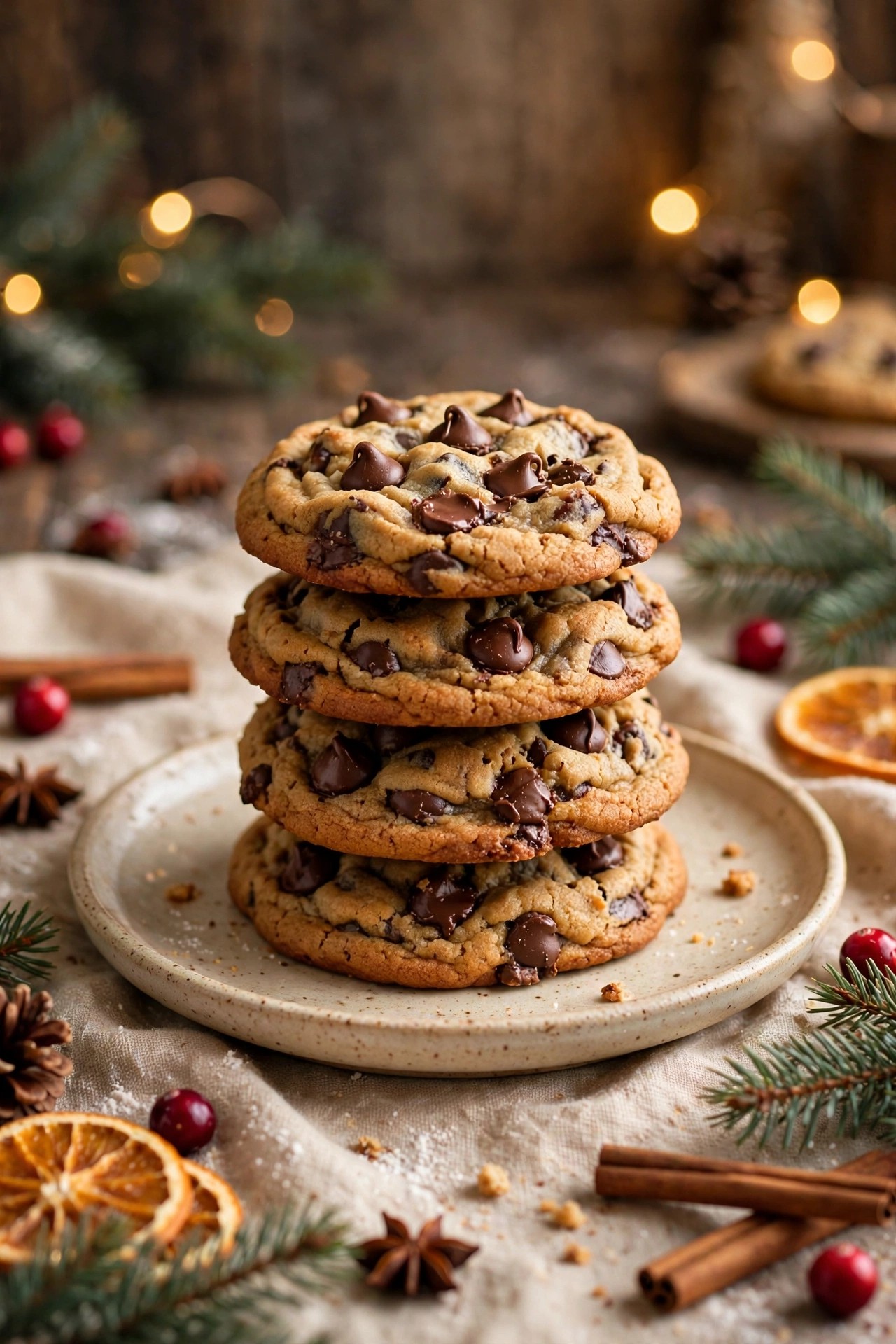 Chewy chocolate chip Christmas cookies stacked on a plate