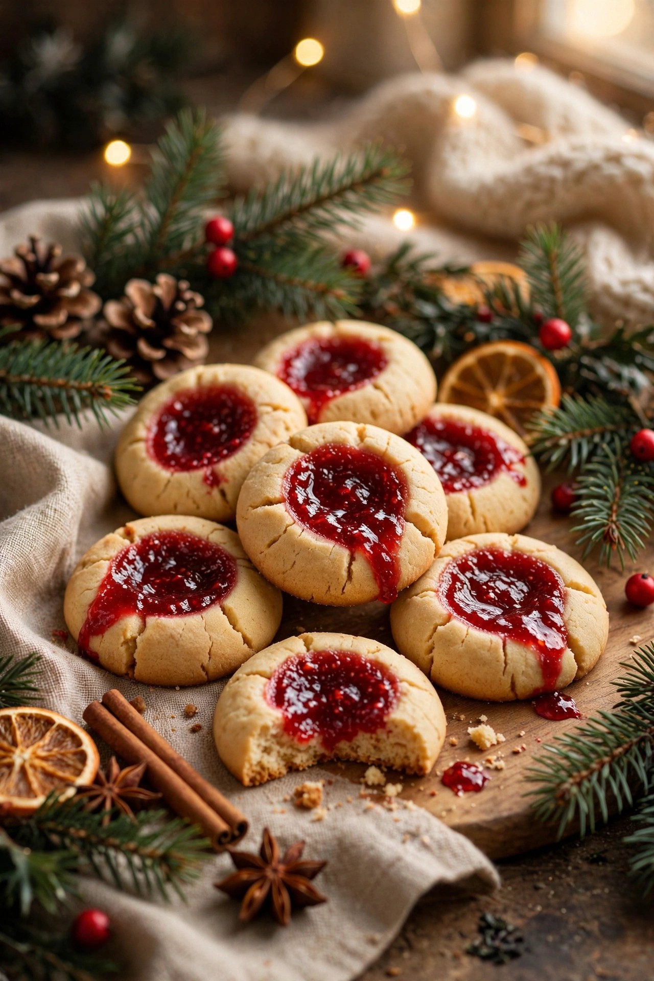 Thumbprint jam cookies with red preserves for Christmas