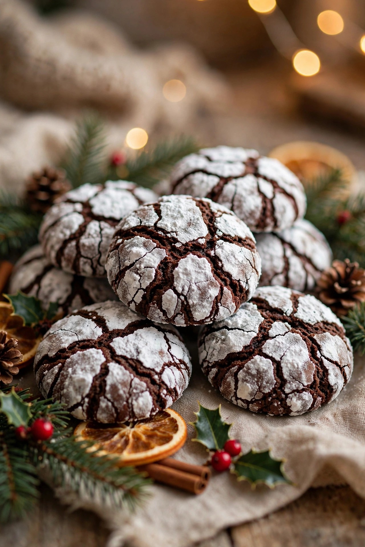Double chocolate crinkle cookies with powdered sugar cracks