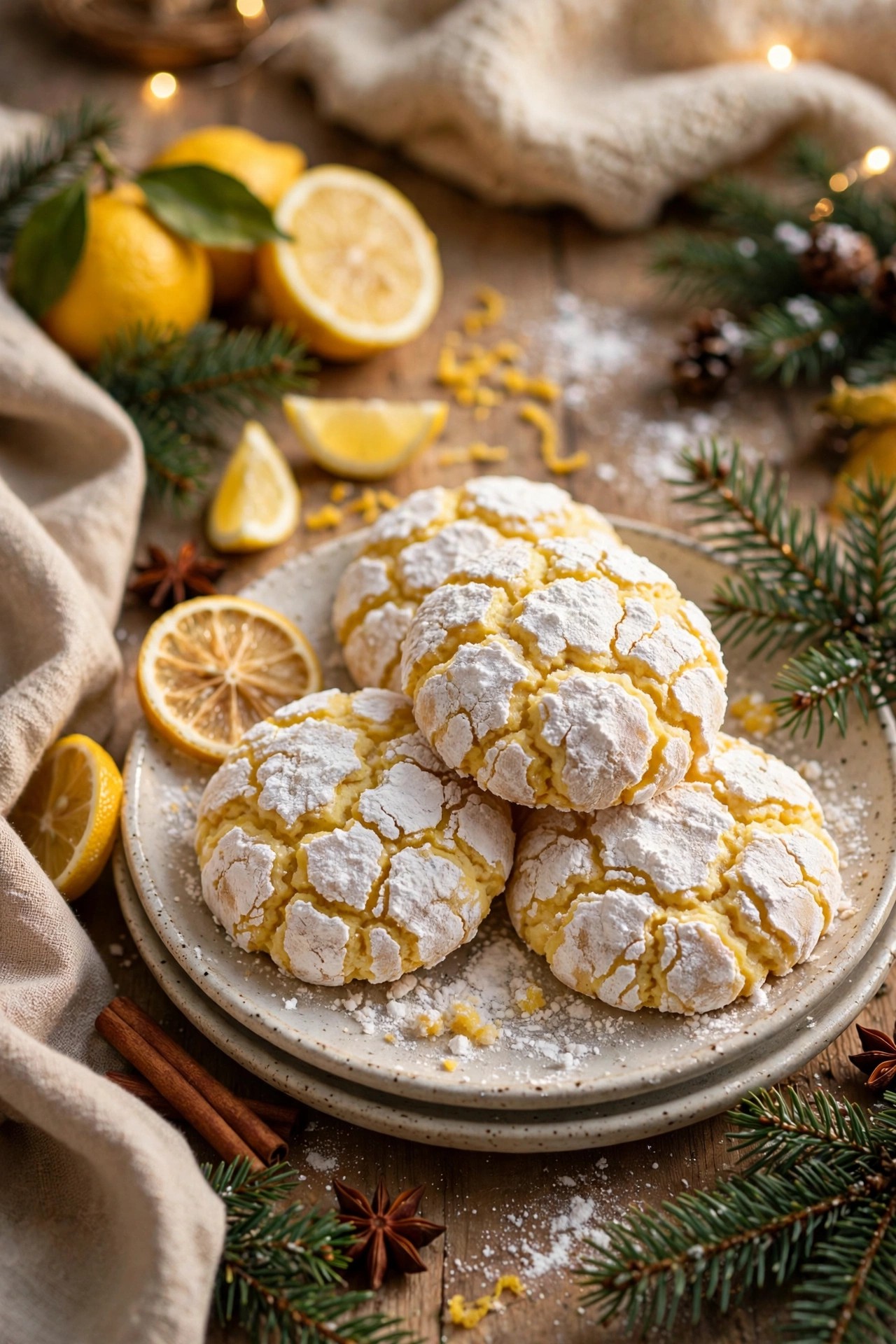 Lemon crinkle Christmas cookies with powdered sugar