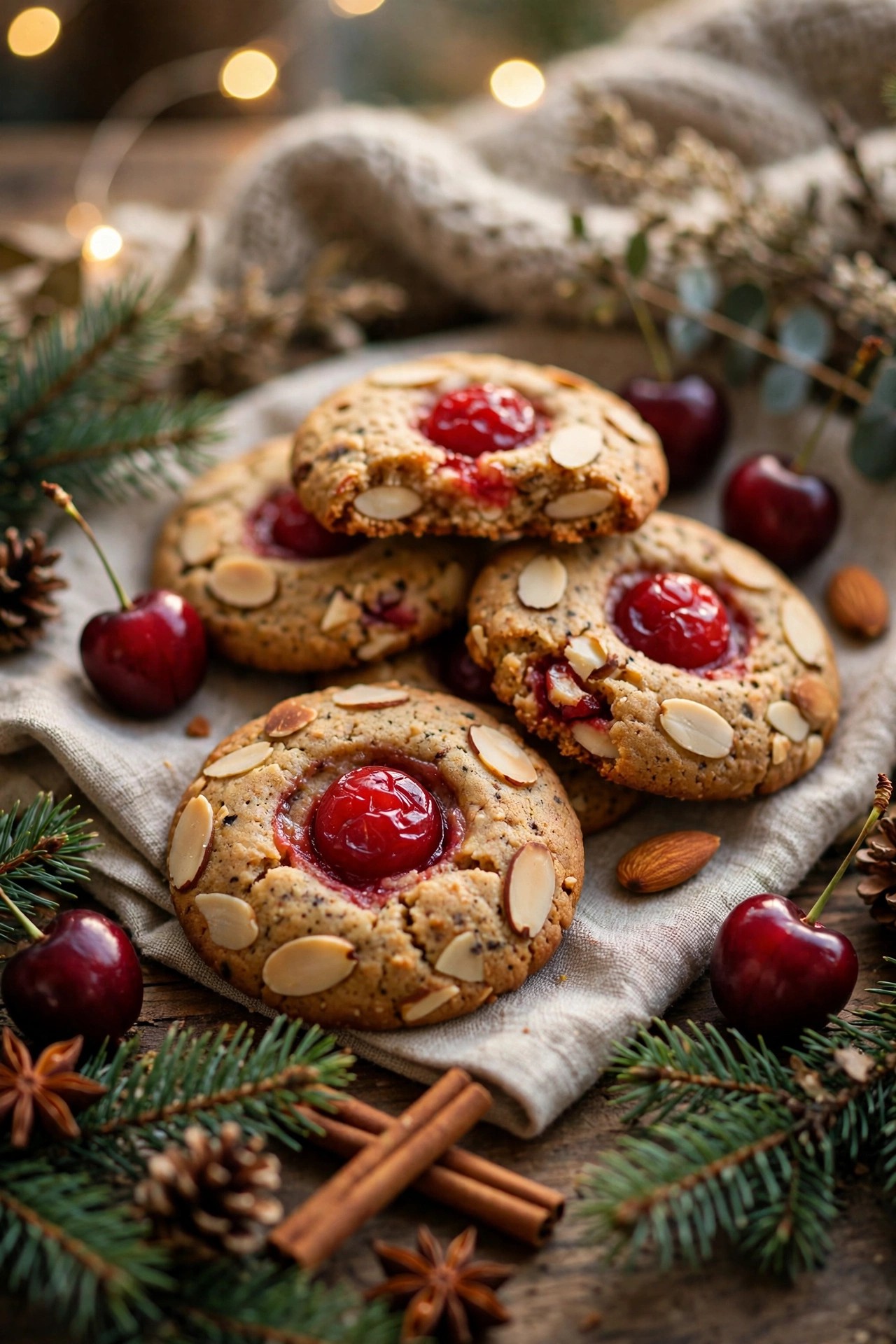 Cherry almond Christmas cookies with red cherries
