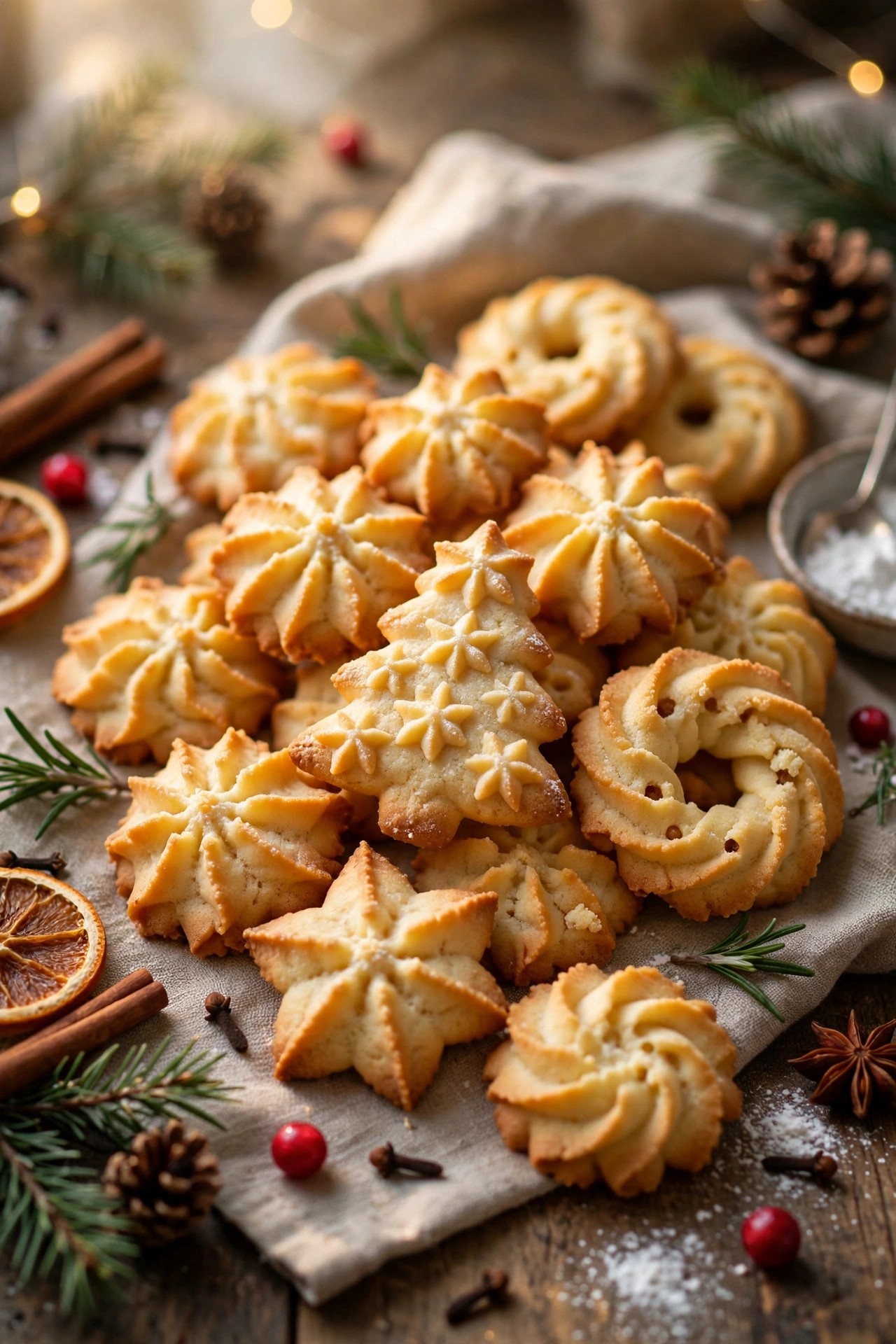 Buttery spritz Christmas cookies in festive shapes
