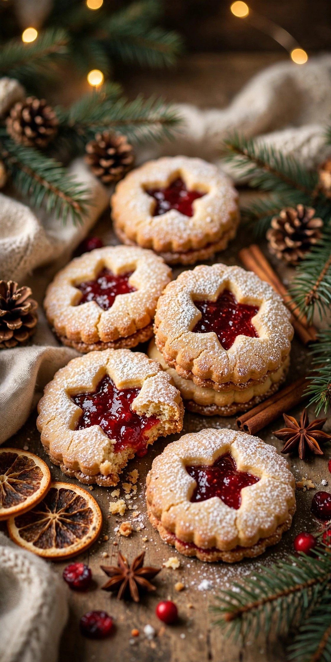 Linzer Christmas cookies with jam centers and cutout tops