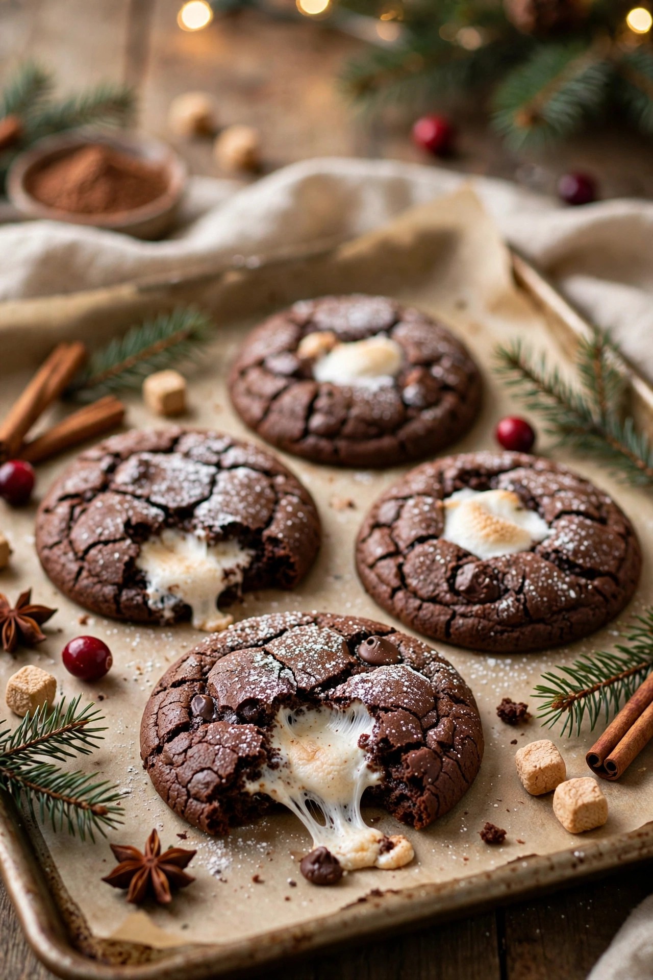 Hot cocoa Christmas cookies with marshmallow centers