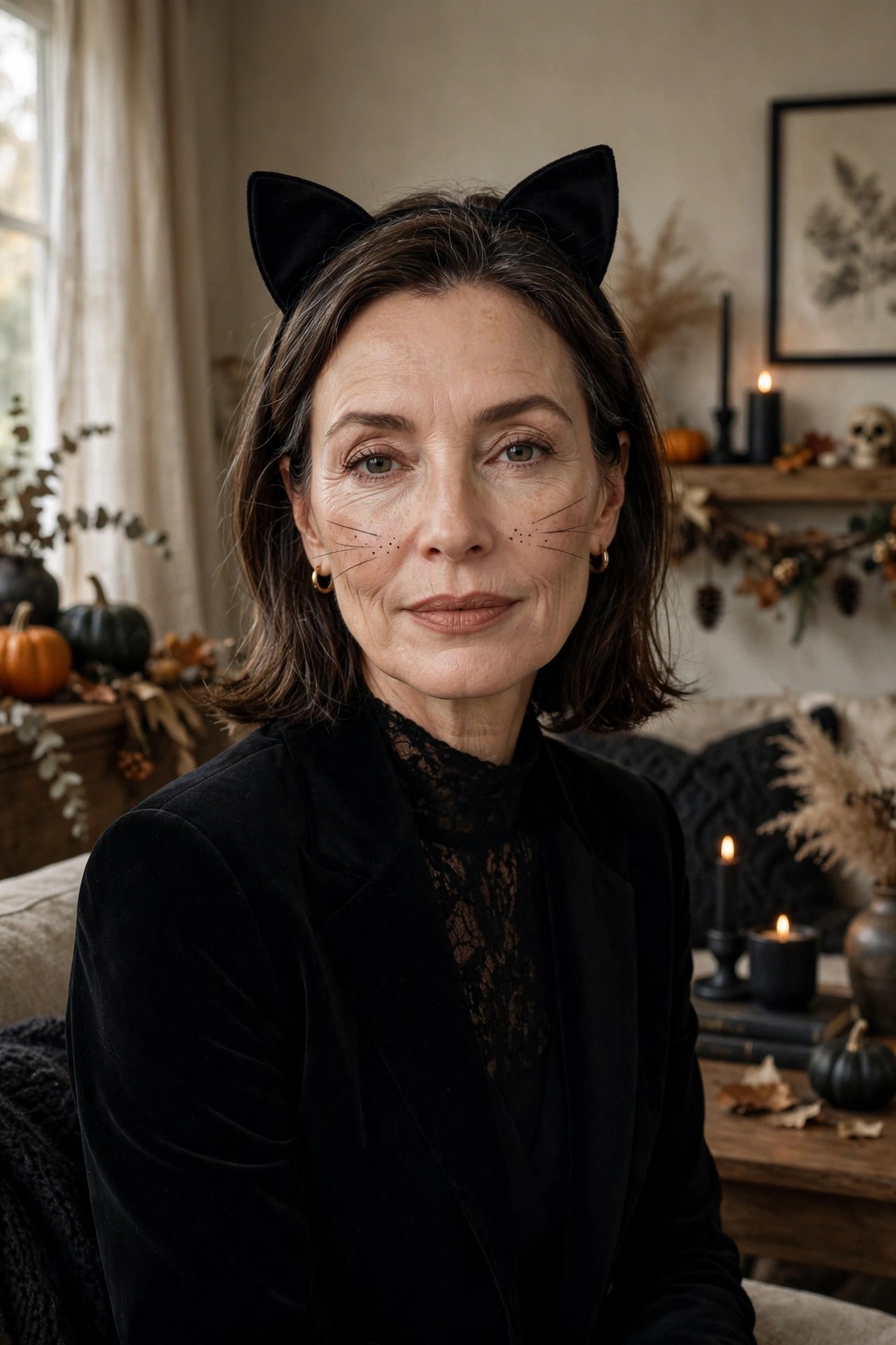 Woman over 50 in an all-black outfit with cat-ear headband as easy DIY black cat Halloween costume