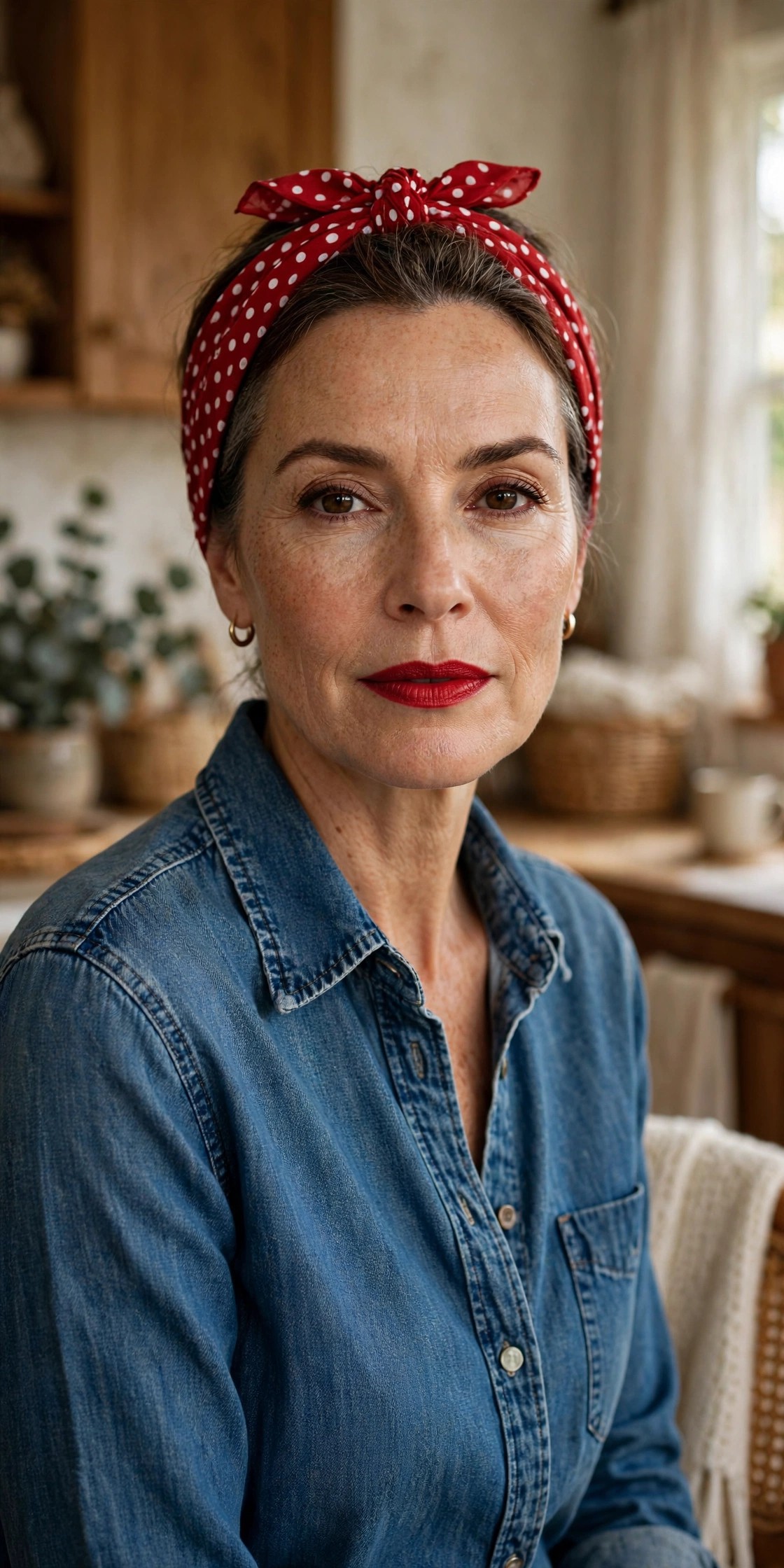 Woman over 50 in denim shirt with red polka-dot bandana as Rosie the Riveter DIY Halloween costume