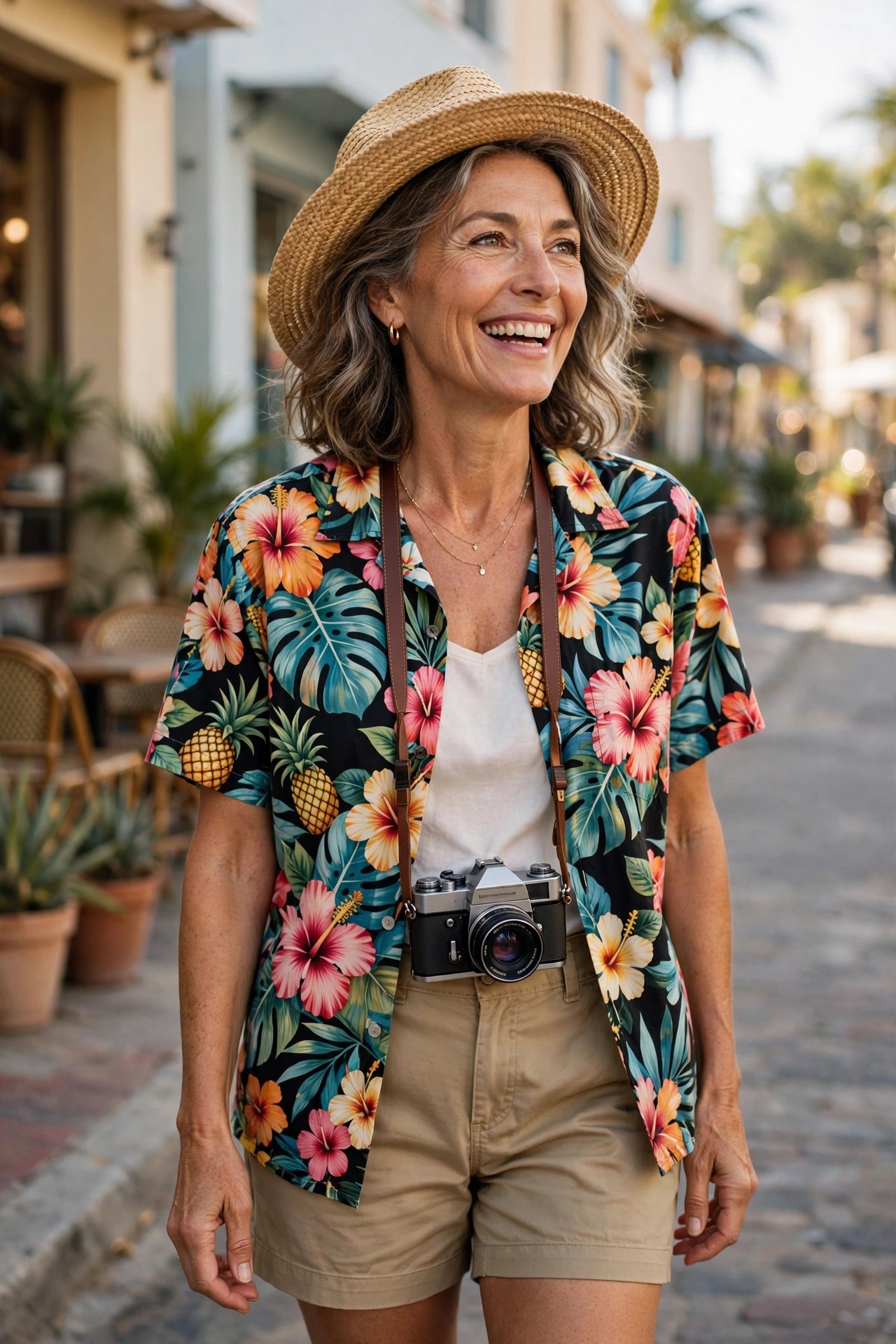 Woman over 50 in Hawaiian shirt with camera and straw hat as DIY tacky tourist Halloween costume