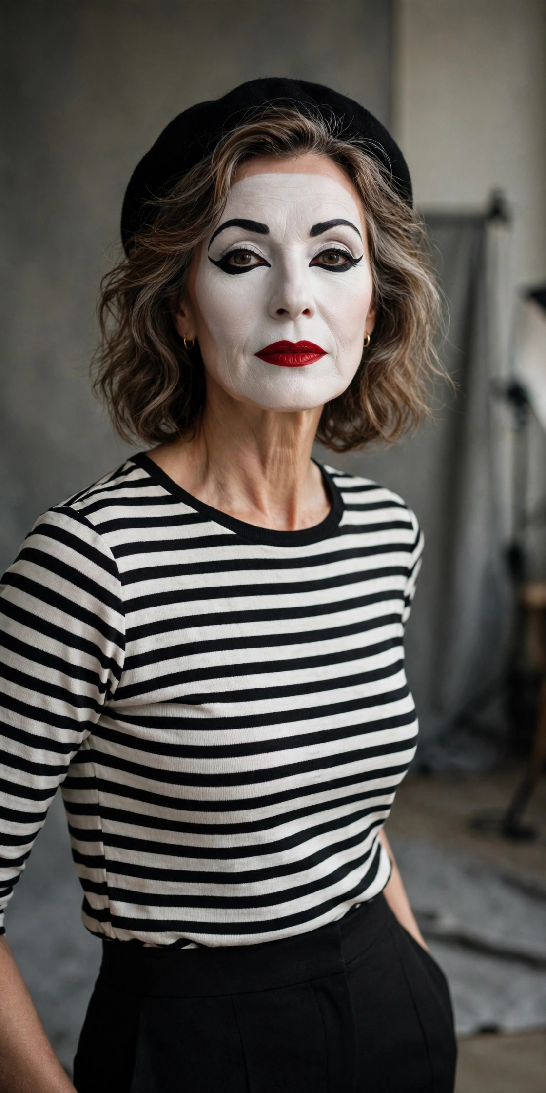 Woman over 50 in striped top with white face paint and beret as DIY mime Halloween costume