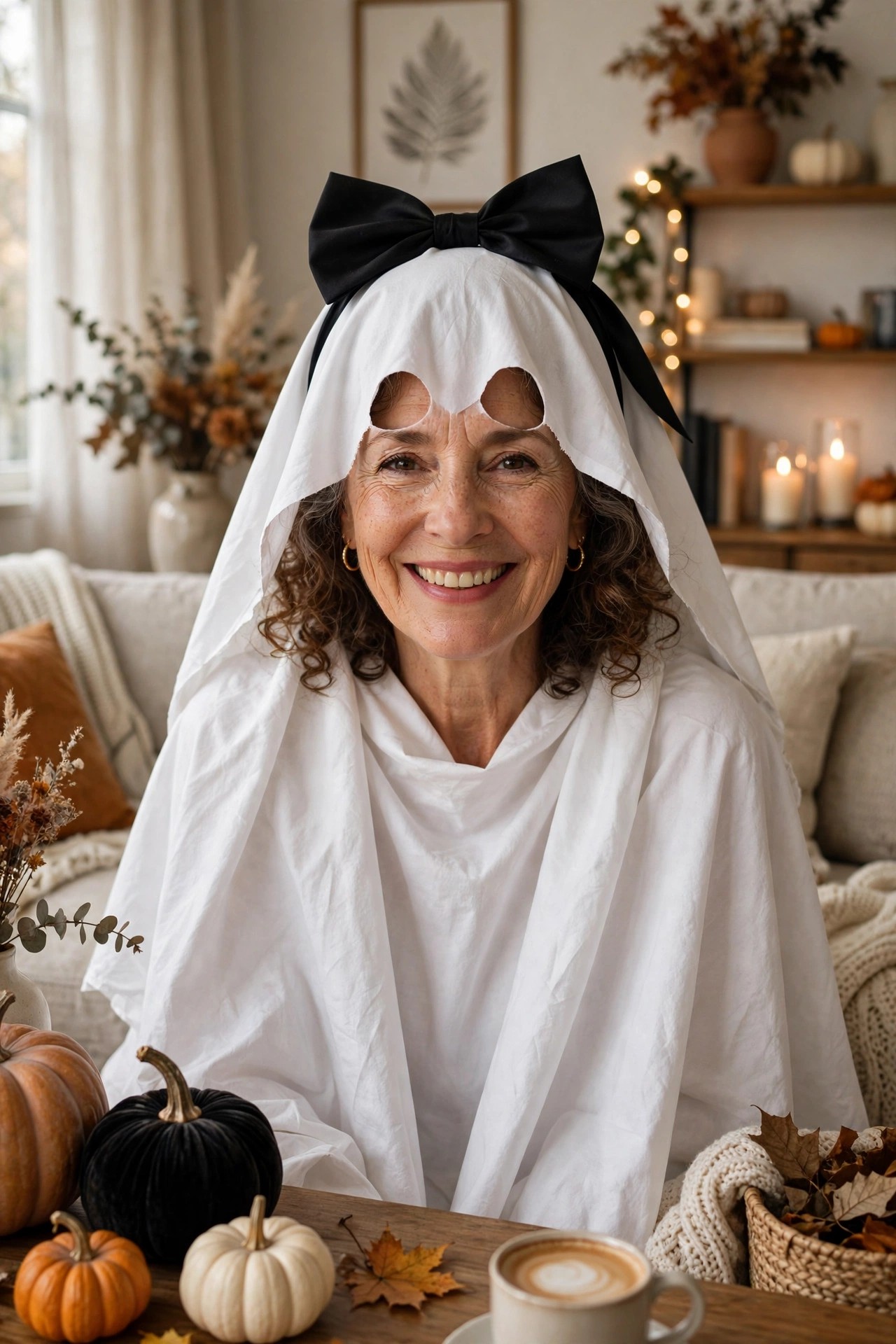 Woman over 50 in a white sheet ghost costume with cut-out eyes, cute DIY Halloween costume