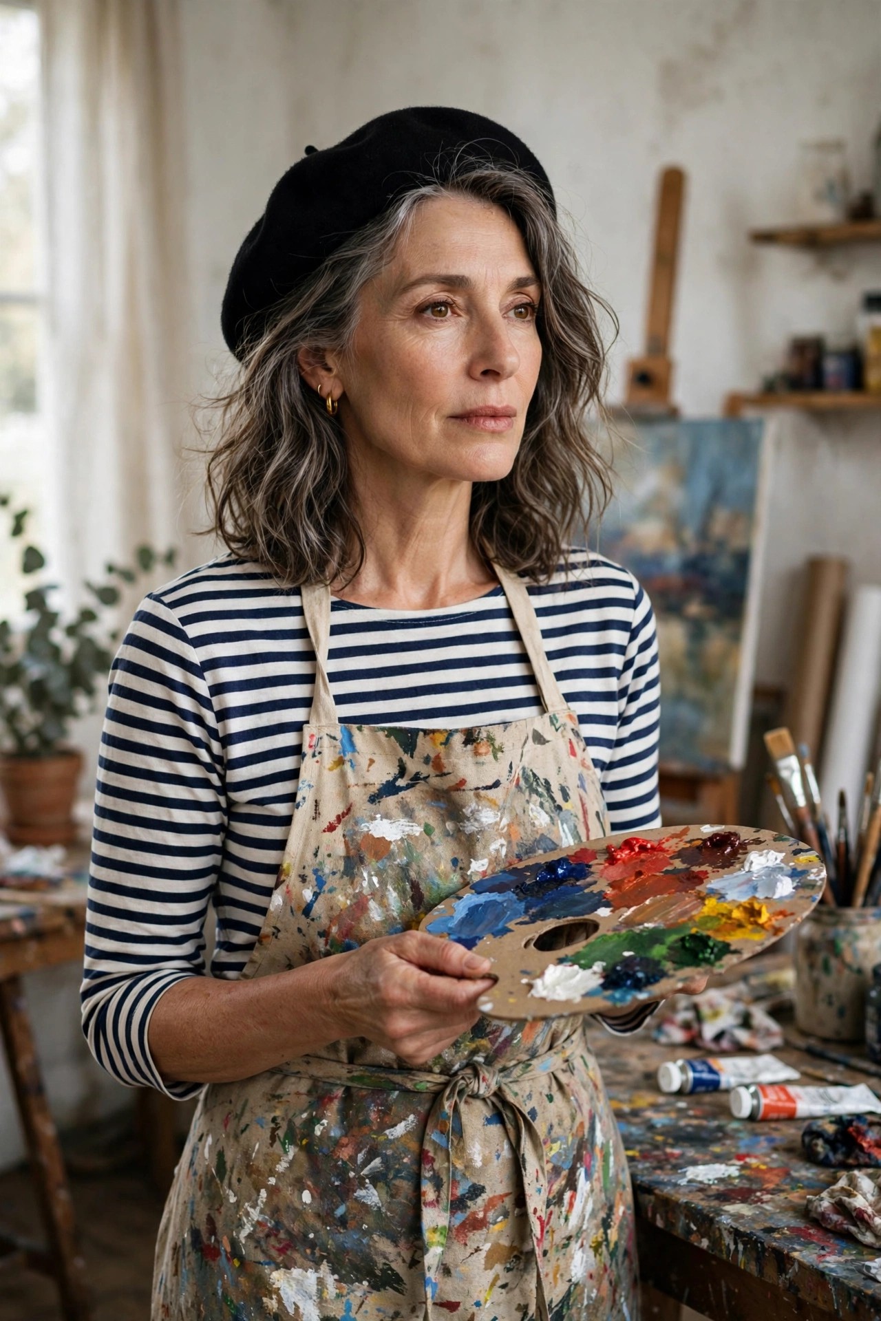 Woman over 50 in striped top and beret holding a cardboard paint palette as DIY artist Halloween costume