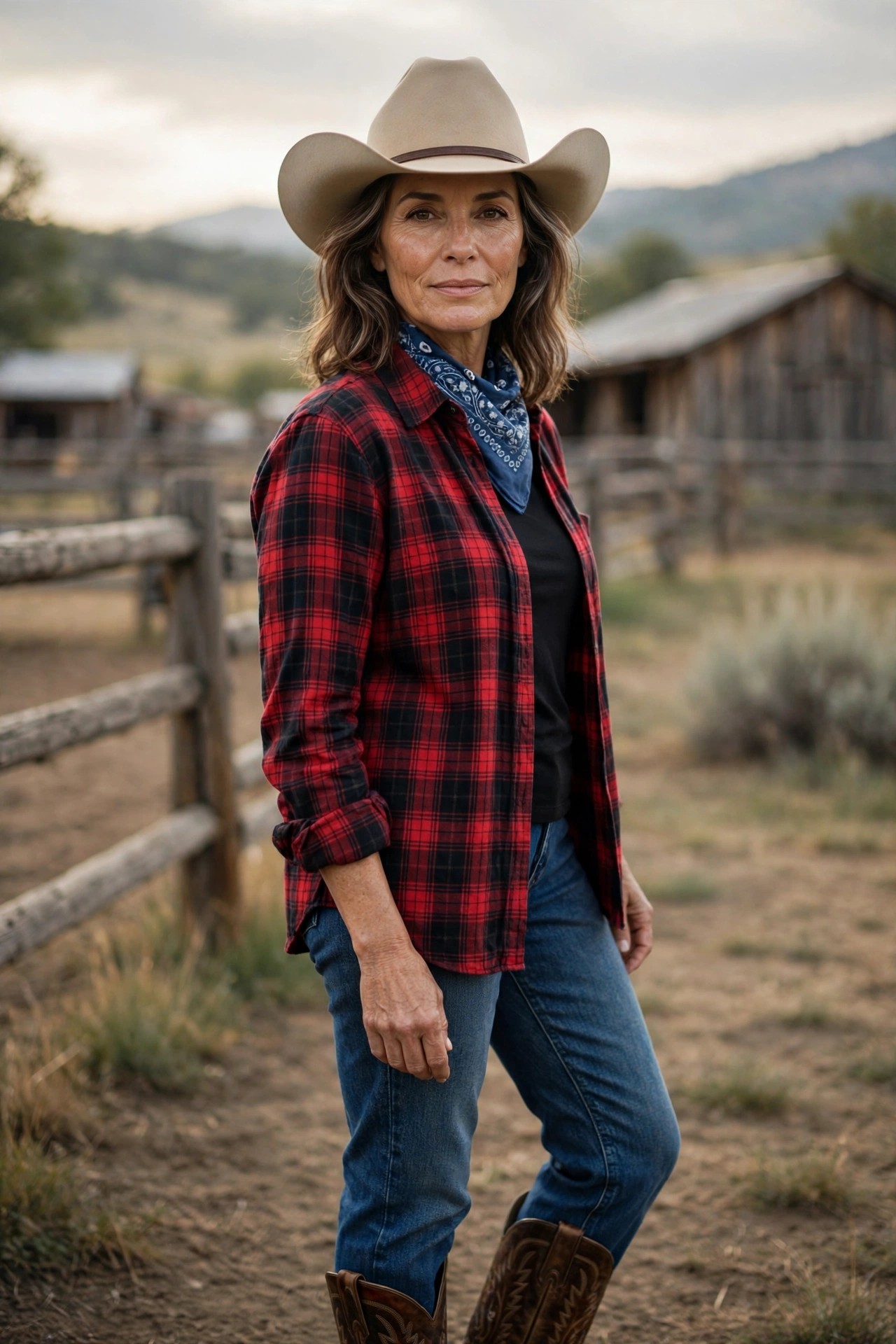 Woman over 50 in plaid shirt jeans and cowboy hat as DIY cowgirl Halloween costume