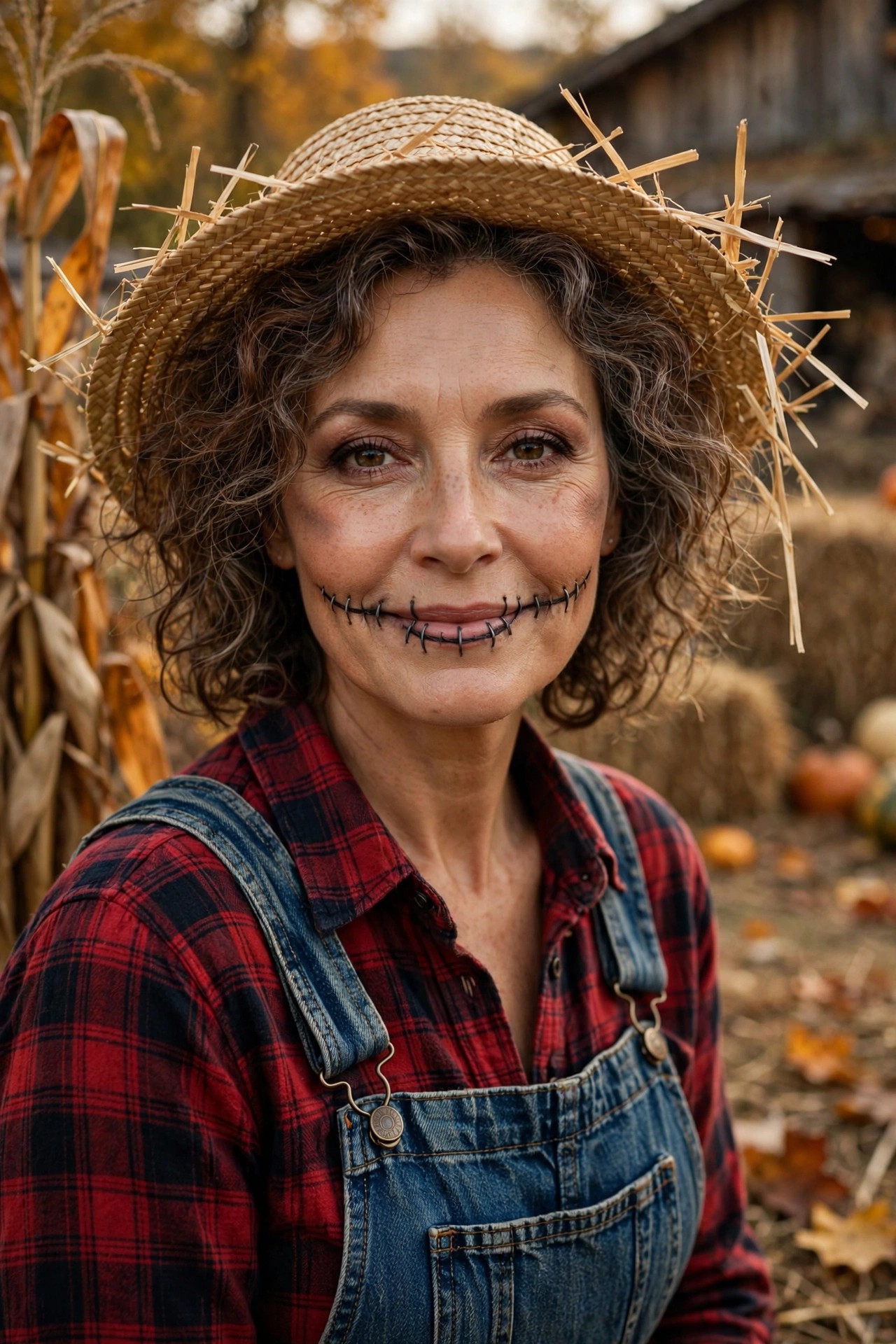 Woman over 50 in flannel shirt and overalls with straw hat as DIY scarecrow Halloween costume