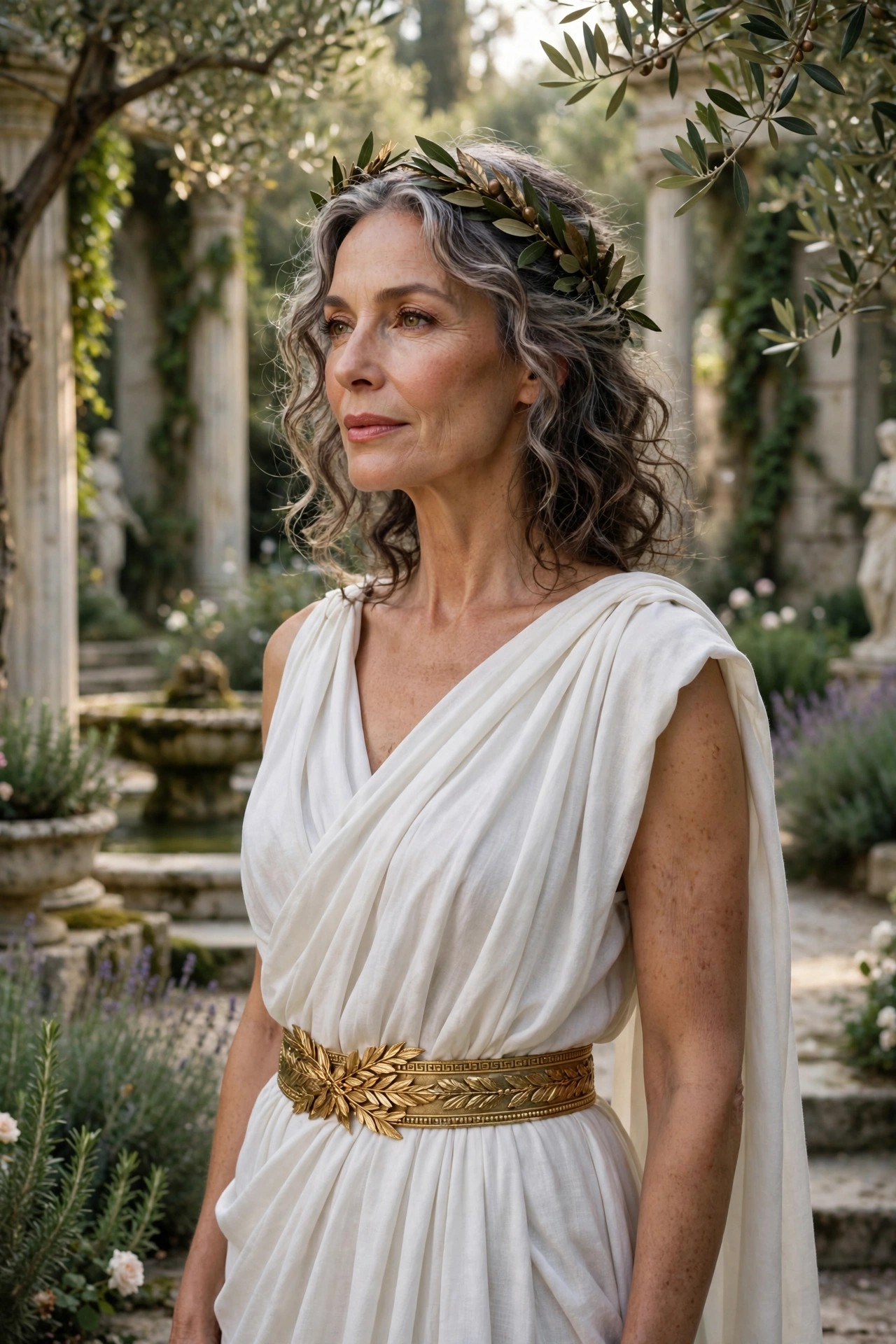 Woman over 50 in white draped toga-style dress with gold belt as DIY Greek goddess Halloween costume