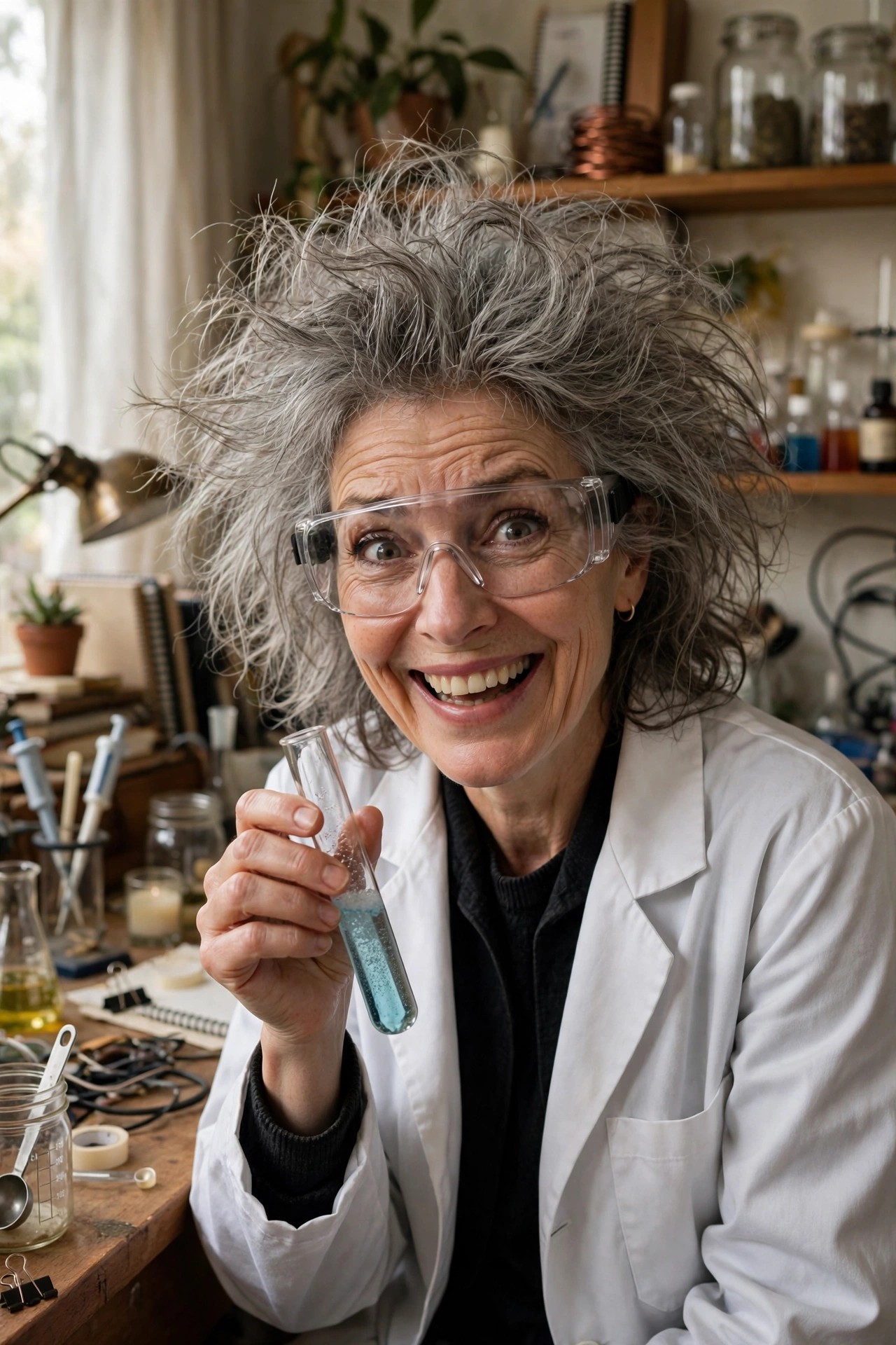 Woman over 50 in white lab coat with wild hair and goggles as DIY mad scientist Halloween costume