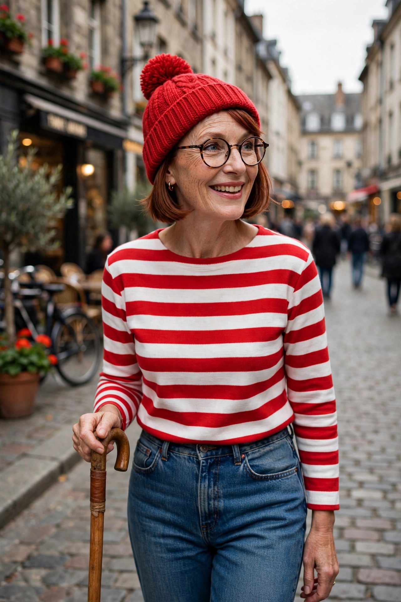 Woman over 50 in red and white striped top with round glasses as Wheres Waldo DIY Halloween costume