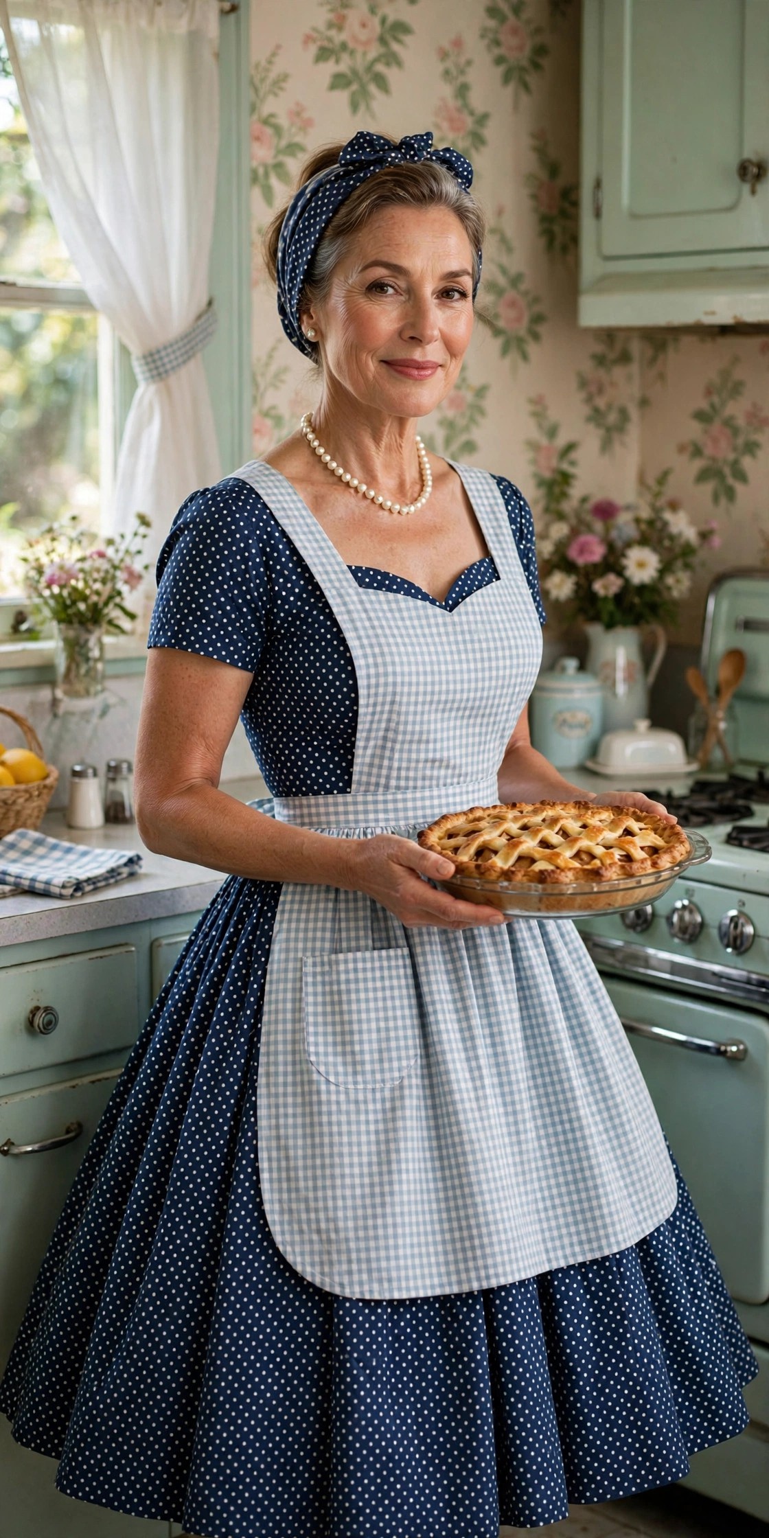 Woman over 50 in polka-dot full skirt dress with apron and headscarf as DIY 50s housewife Halloween costume