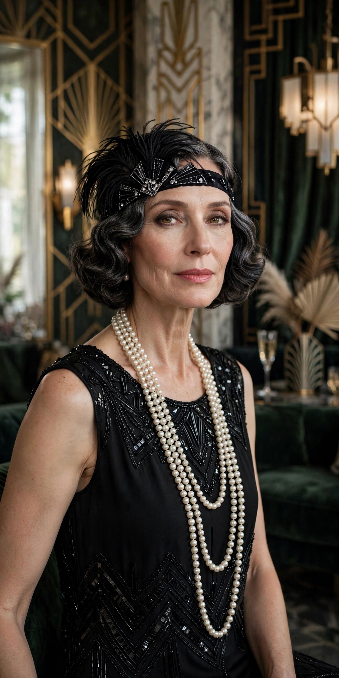 Woman over 50 in black shift dress with feather headband and long pearls as DIY flapper Halloween costume