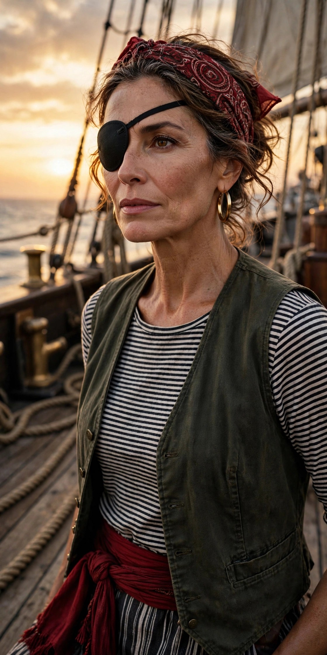 Woman over 50 in striped top and vest with bandana as DIY pirate Halloween costume
