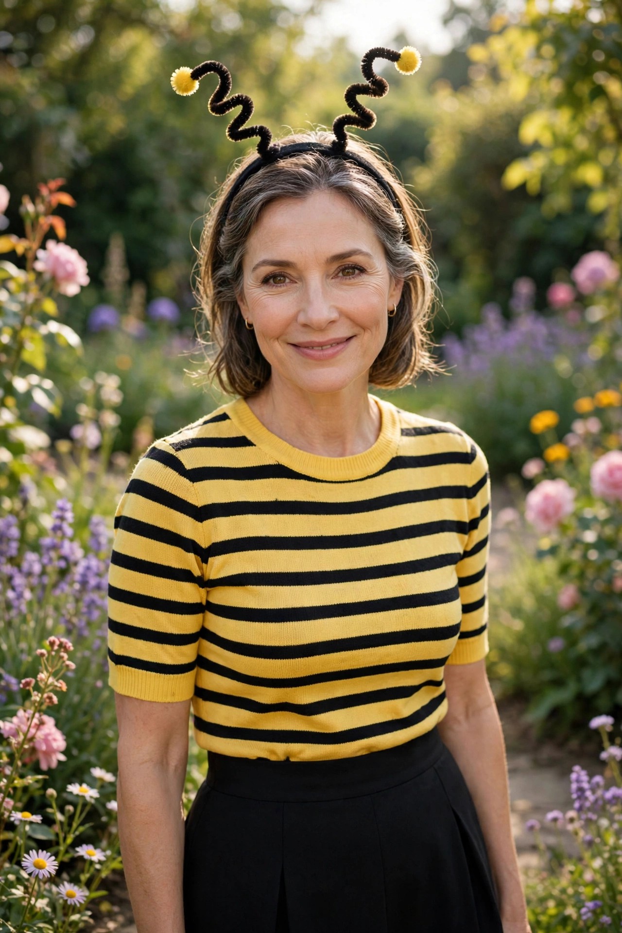 Woman over 50 in yellow top with black stripes and antennae headband as DIY bumblebee Halloween costume