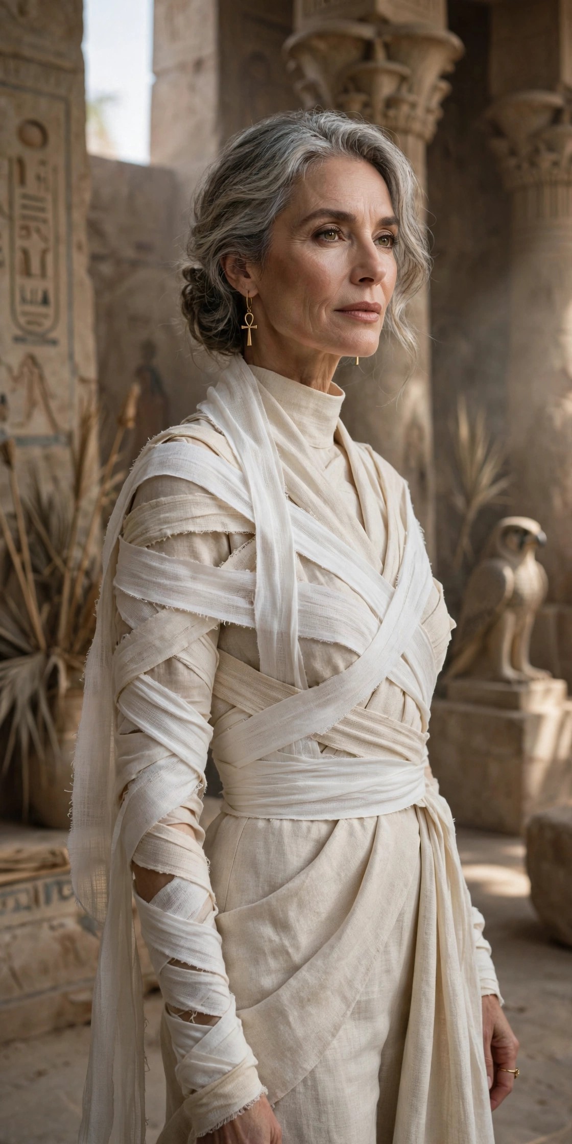 Woman over 50 wrapped in white gauze strips over cream clothes as DIY mummy Halloween costume