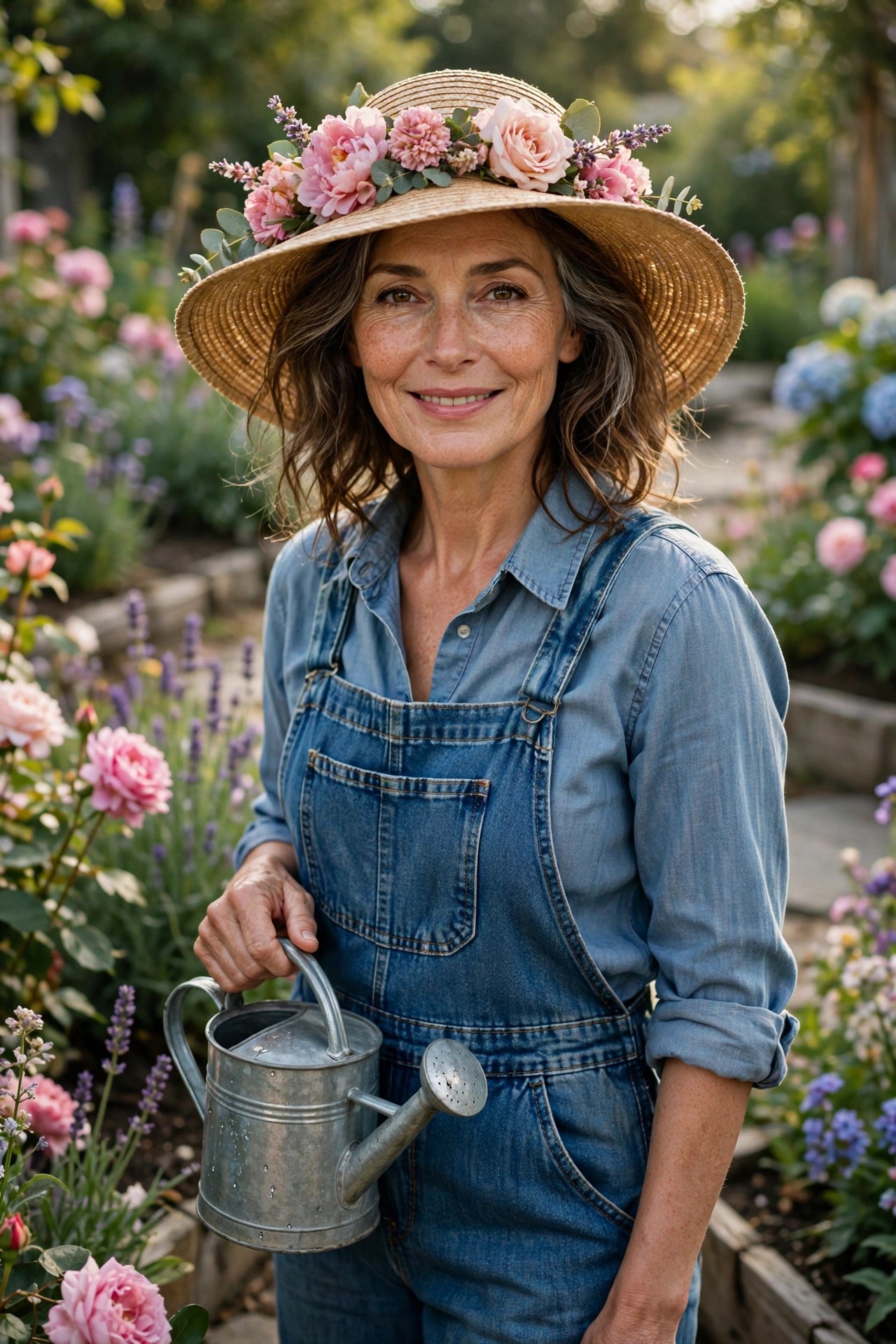 Woman over 50 in overalls and floppy sun hat with watering can as DIY gardener Halloween costume