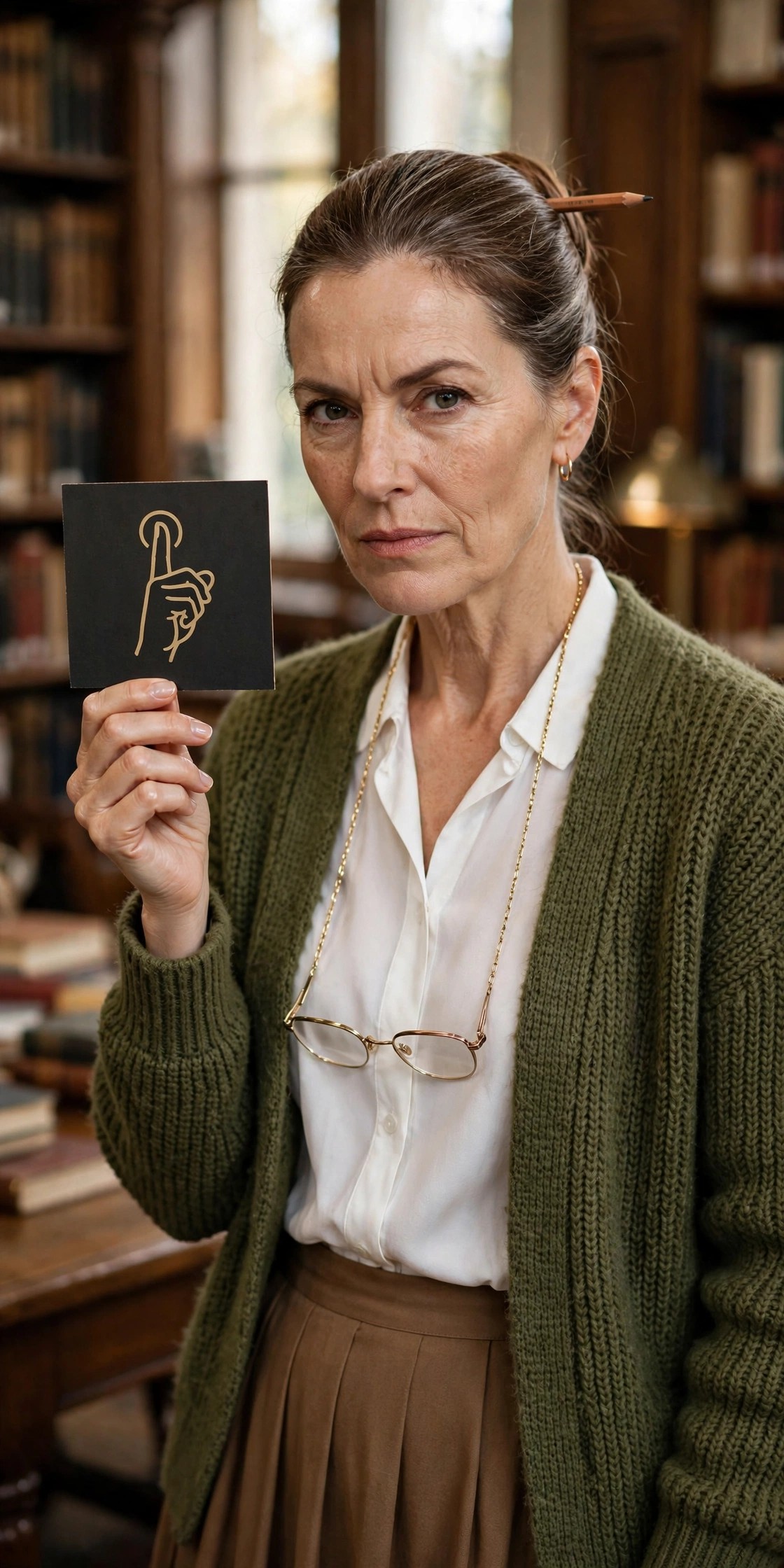 Woman over 50 in cardigan and glasses with hair in a bun as DIY stern librarian Halloween costume
