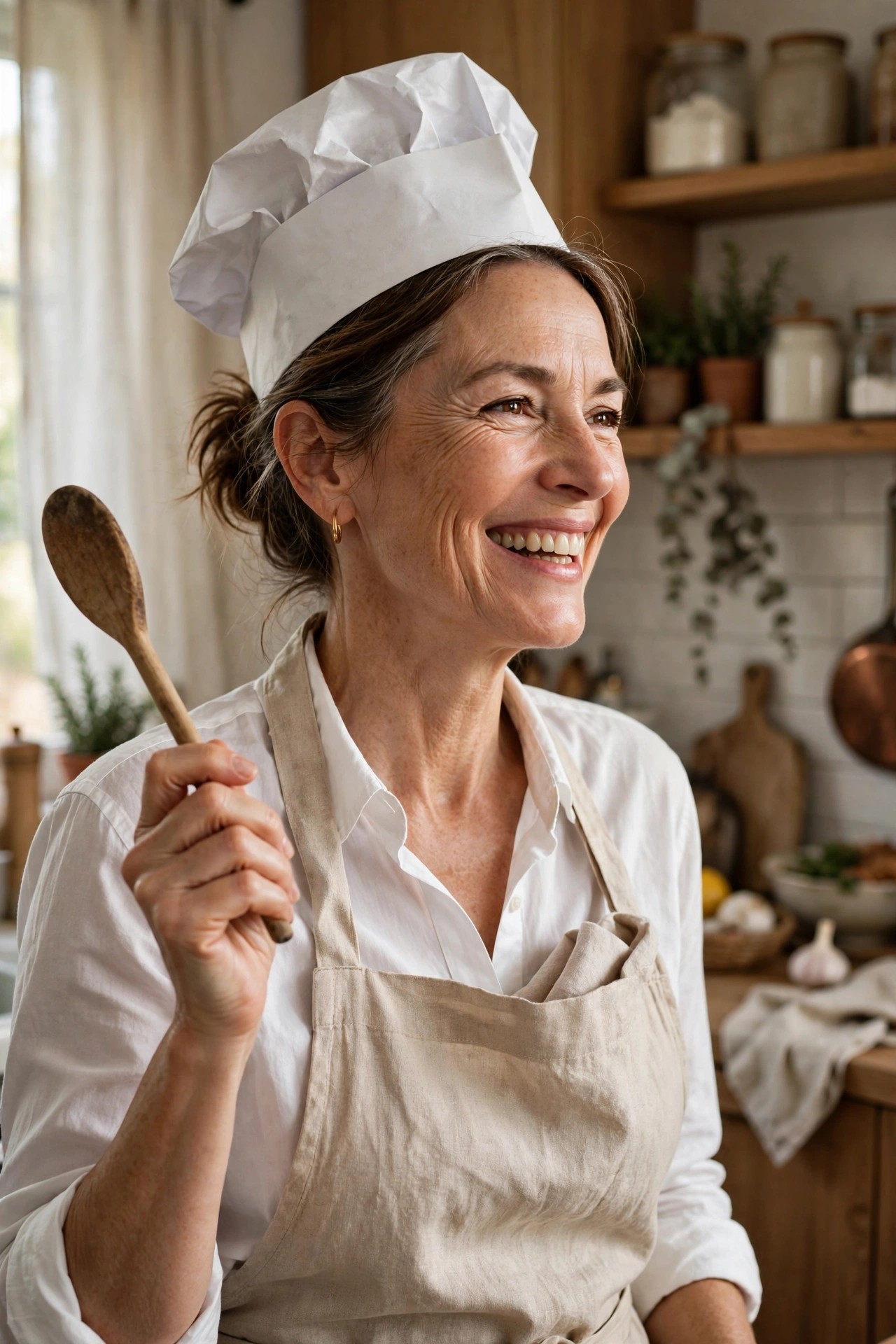 Woman over 50 in white shirt and apron with paper chef hat as DIY chef Halloween costume