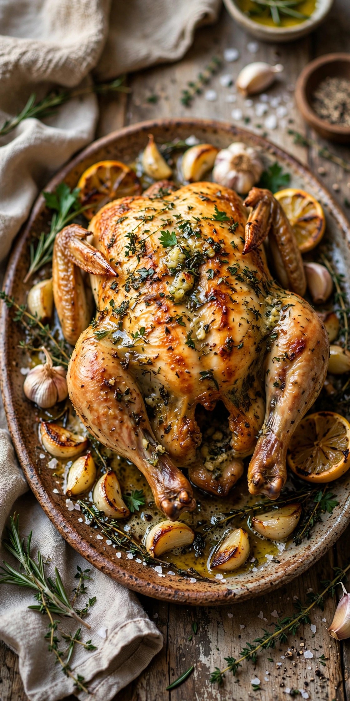Golden herb-roasted chicken with garlic butter on a rustic platter
