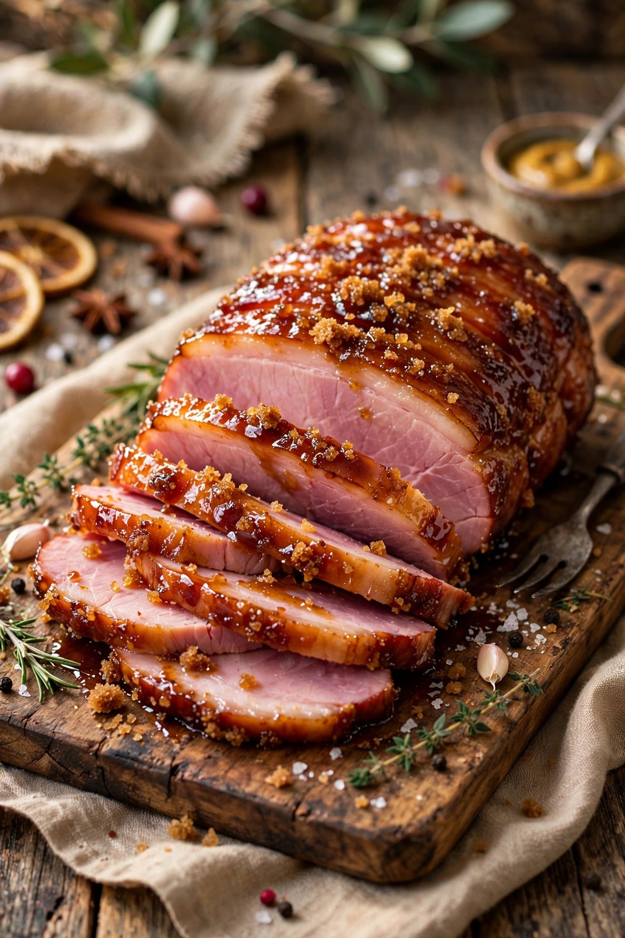 Glazed sliced ham with brown sugar crust on a wooden board