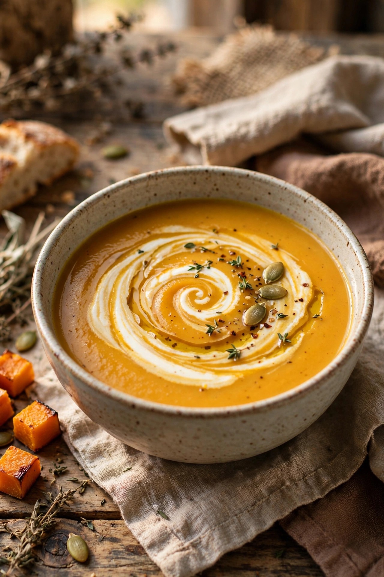 Creamy roasted butternut squash soup with swirl of cream in a bowl
