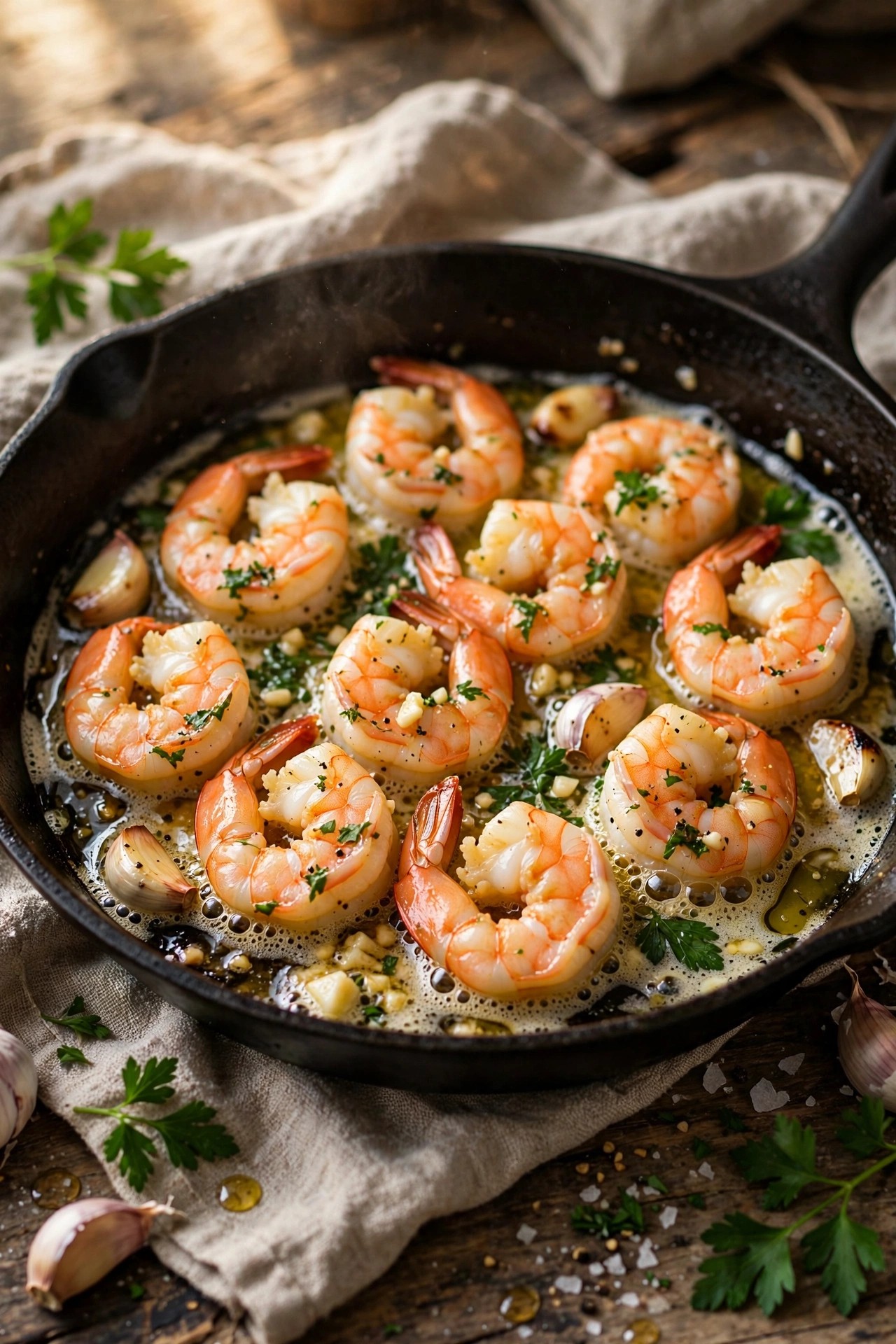 Garlic butter shrimp sizzling in a skillet with parsley