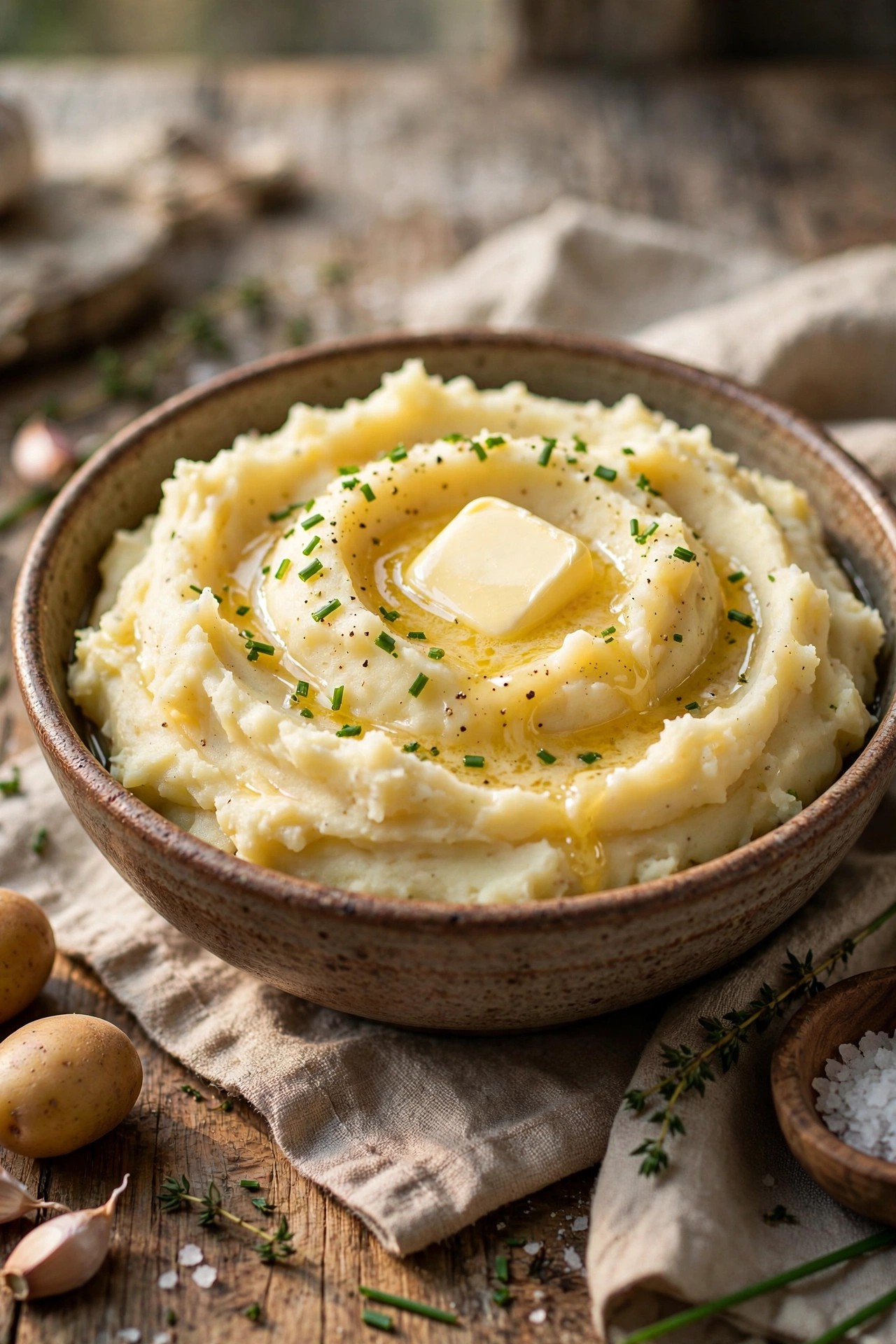 Creamy mashed potatoes with melting butter in a rustic bowl