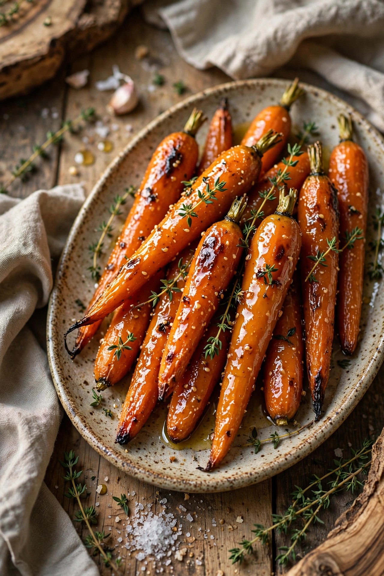 Honey-glazed roasted carrots with thyme on a platter