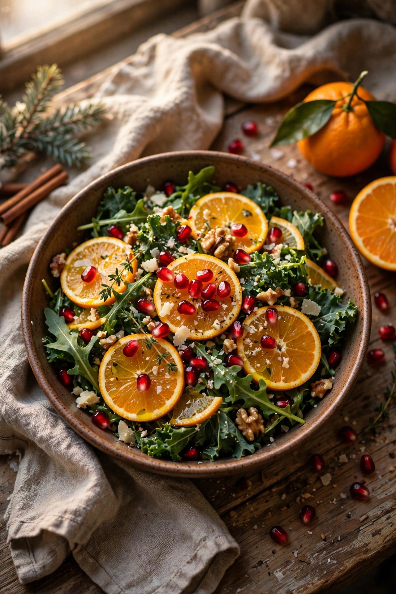Winter citrus salad with greens, orange slices and pomegranate