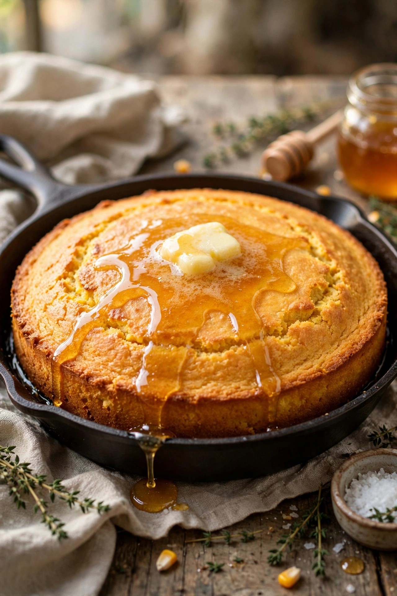Golden skillet cornbread with honey butter melting on top