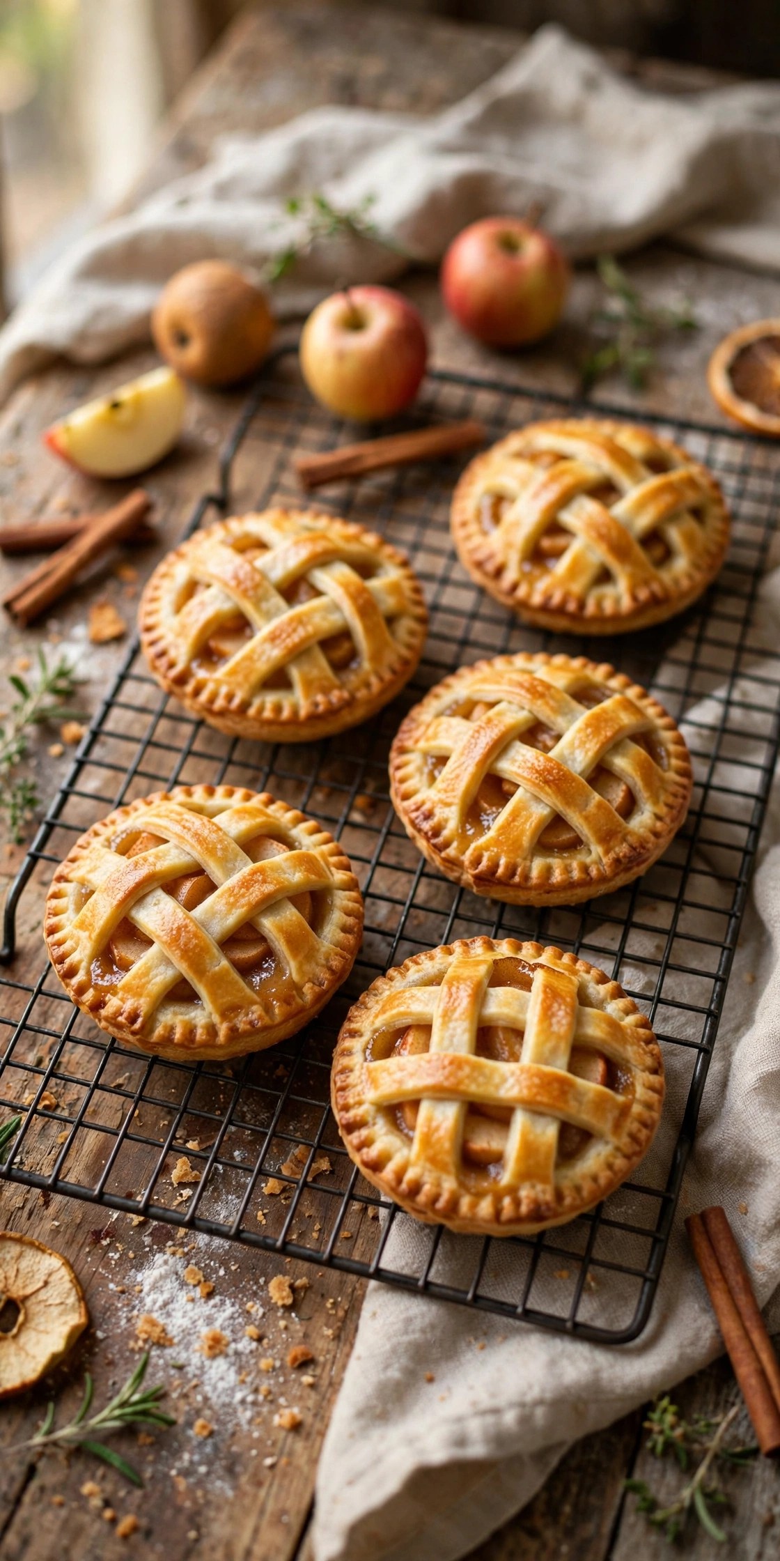 Mini apple hand pies with lattice tops cooling on a rack