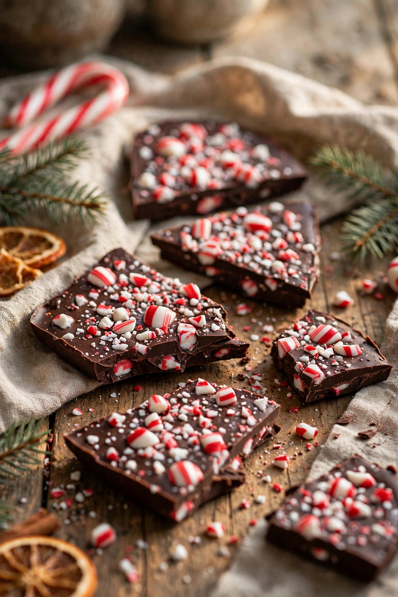Dark chocolate peppermint bark pieces with crushed candy cane