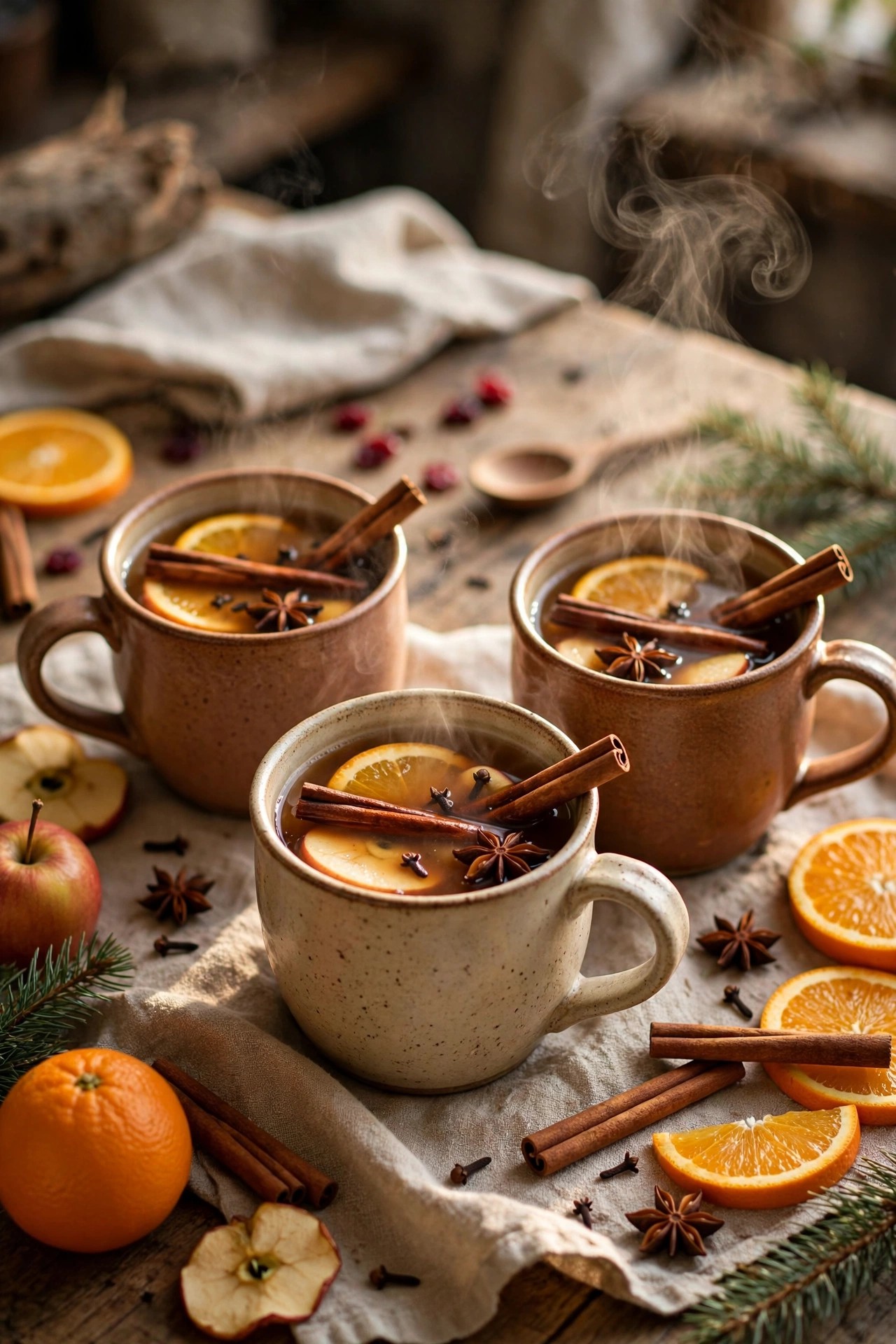 Mugs of mulled apple cider with cinnamon sticks and orange slices