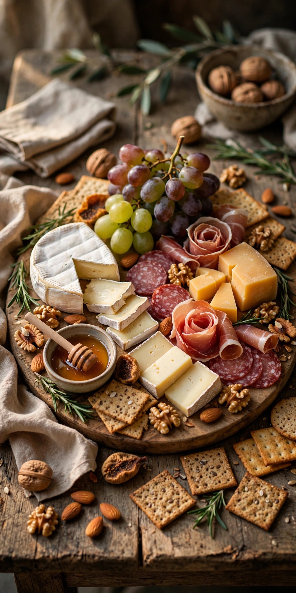 Elegant cheese and charcuterie board with grapes, nuts and crackers