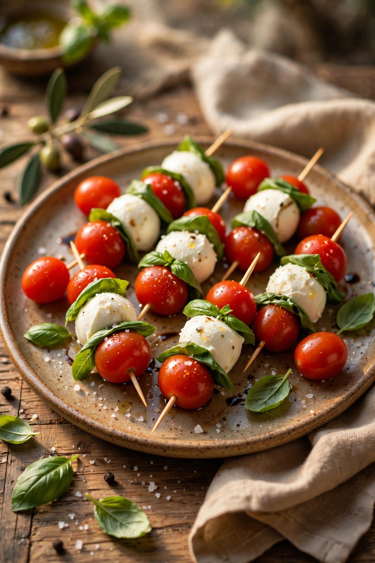 Caprese skewers with cherry tomatoes, mozzarella and basil on a platter
