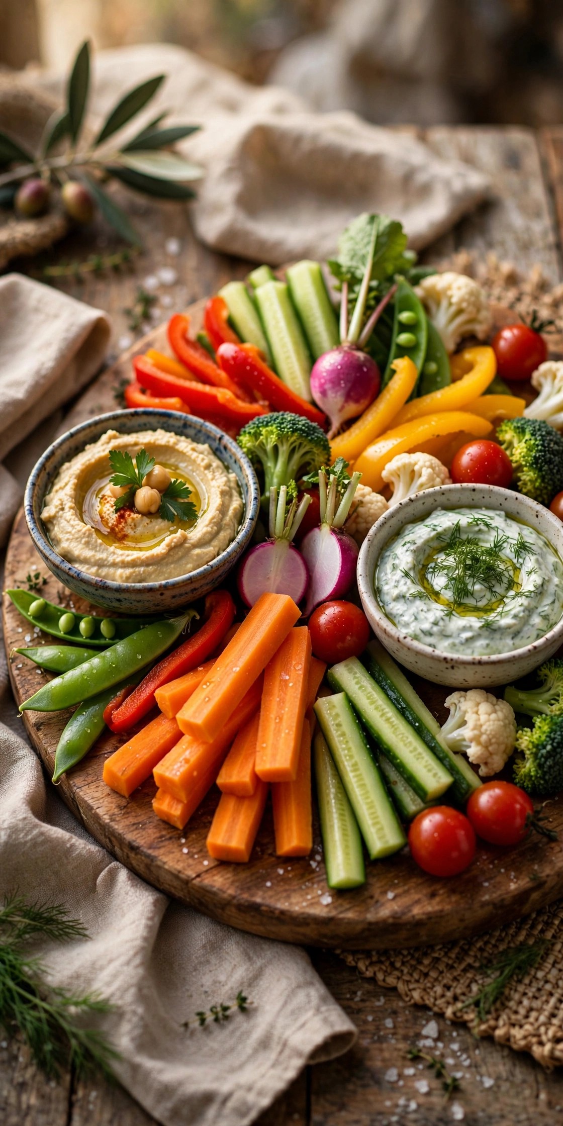 Colorful vegetable crudites platter with two dips in small bowls